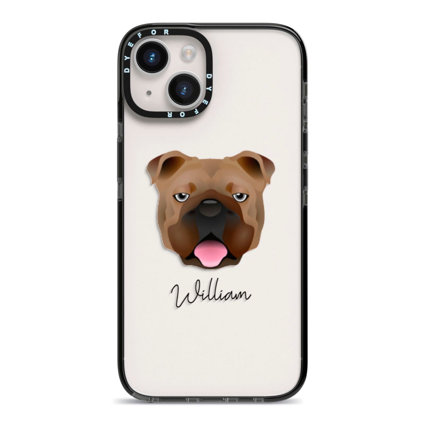 English Bulldog Personalised iPhone 14 Black Impact Case on Silver phone