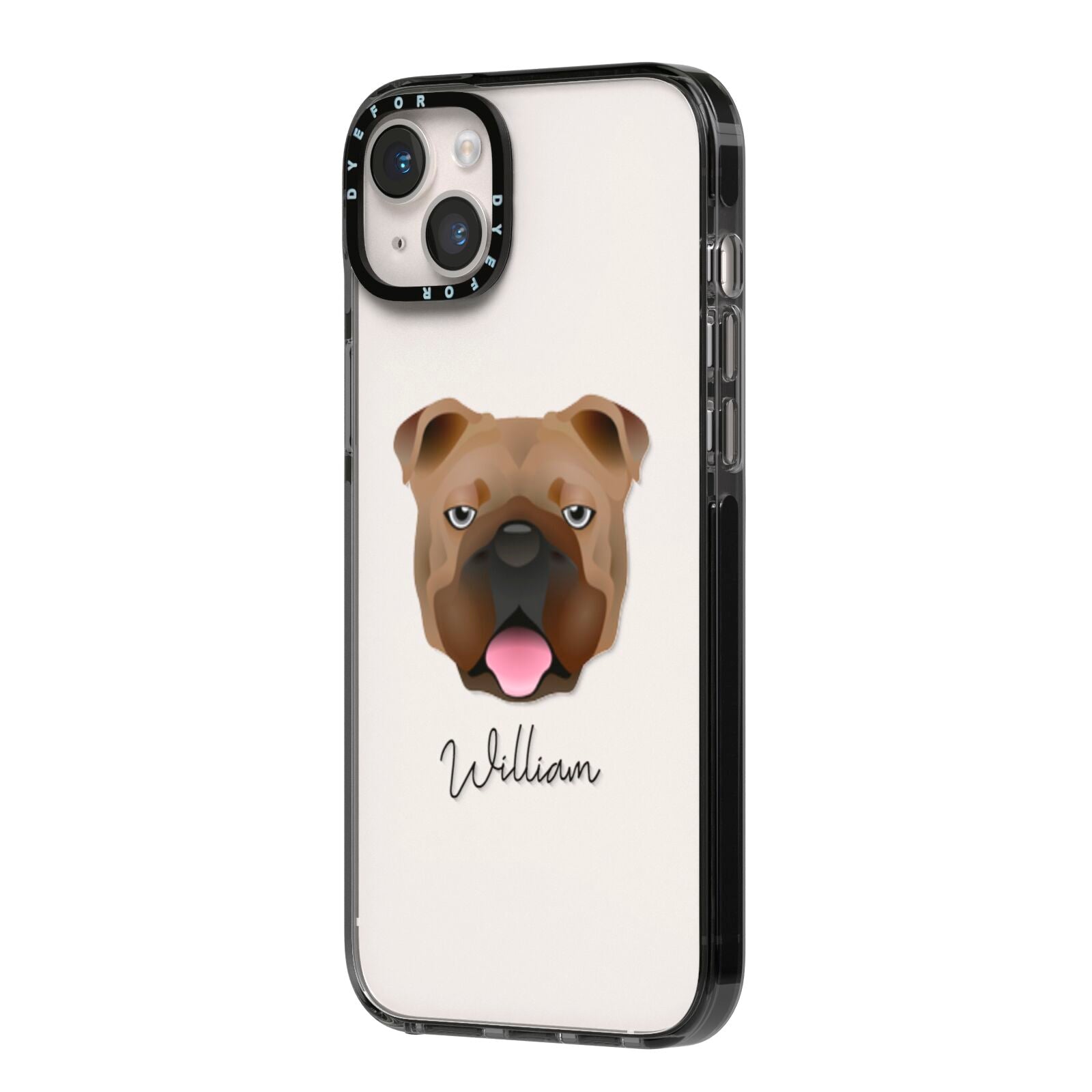 English Bulldog Personalised iPhone 14 Plus Black Impact Case Side Angle on Silver phone