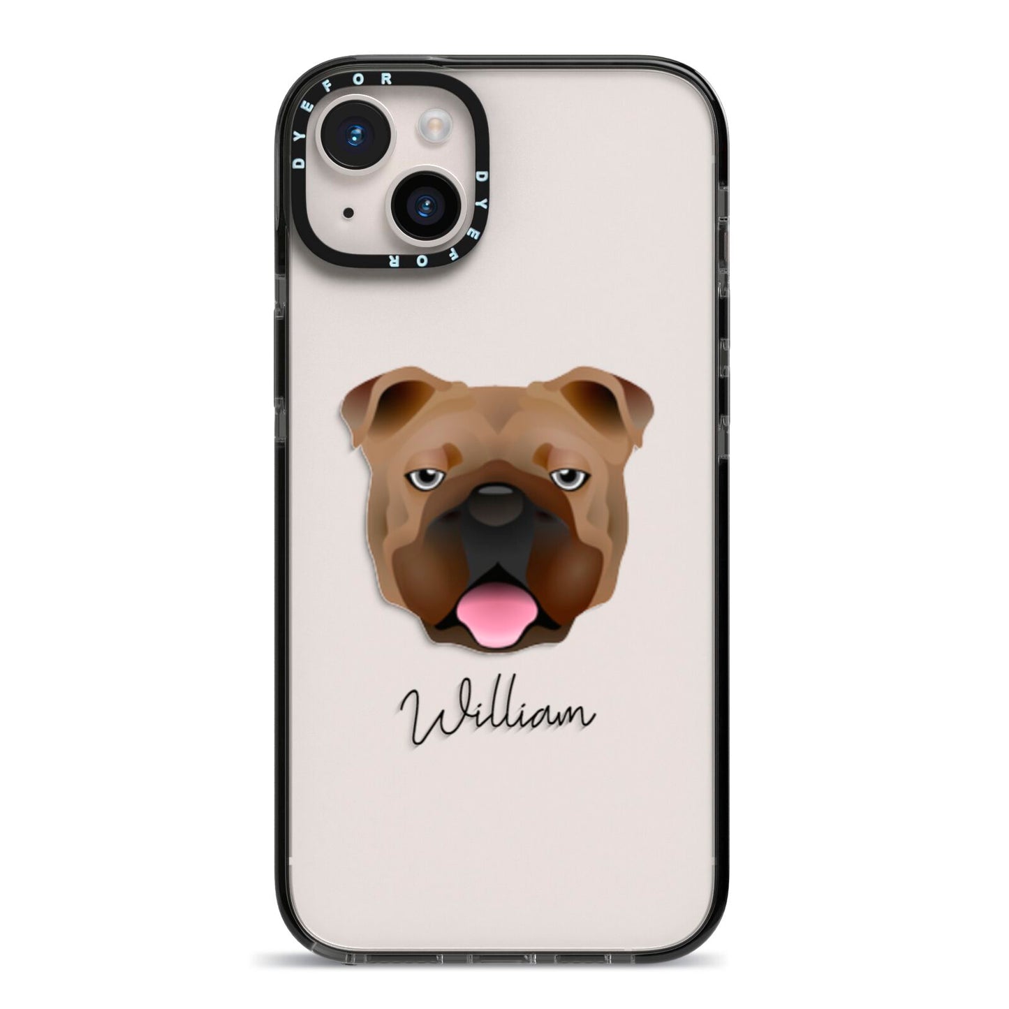 English Bulldog Personalised iPhone 14 Plus Black Impact Case on Silver phone