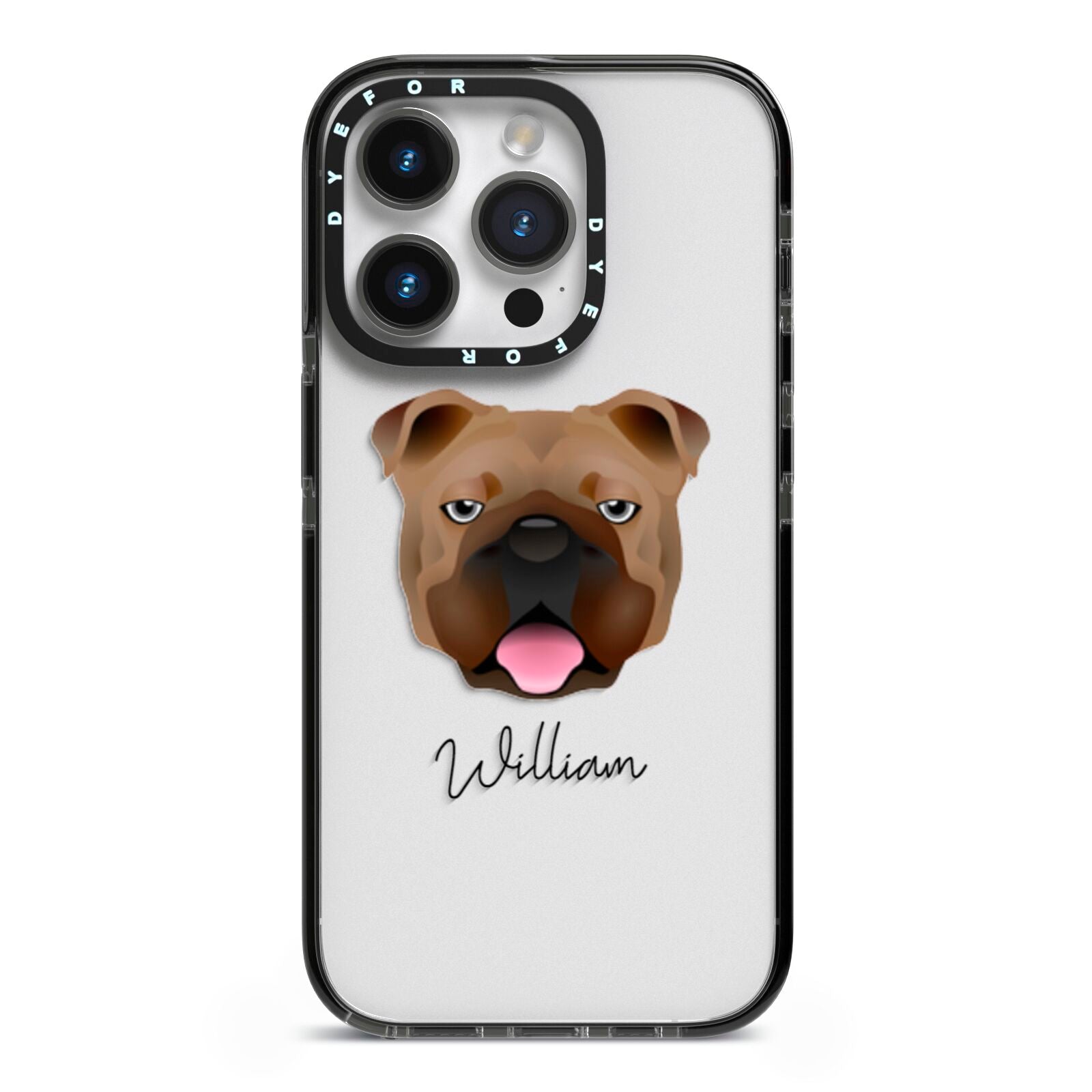 English Bulldog Personalised iPhone 14 Pro Black Impact Case on Silver phone