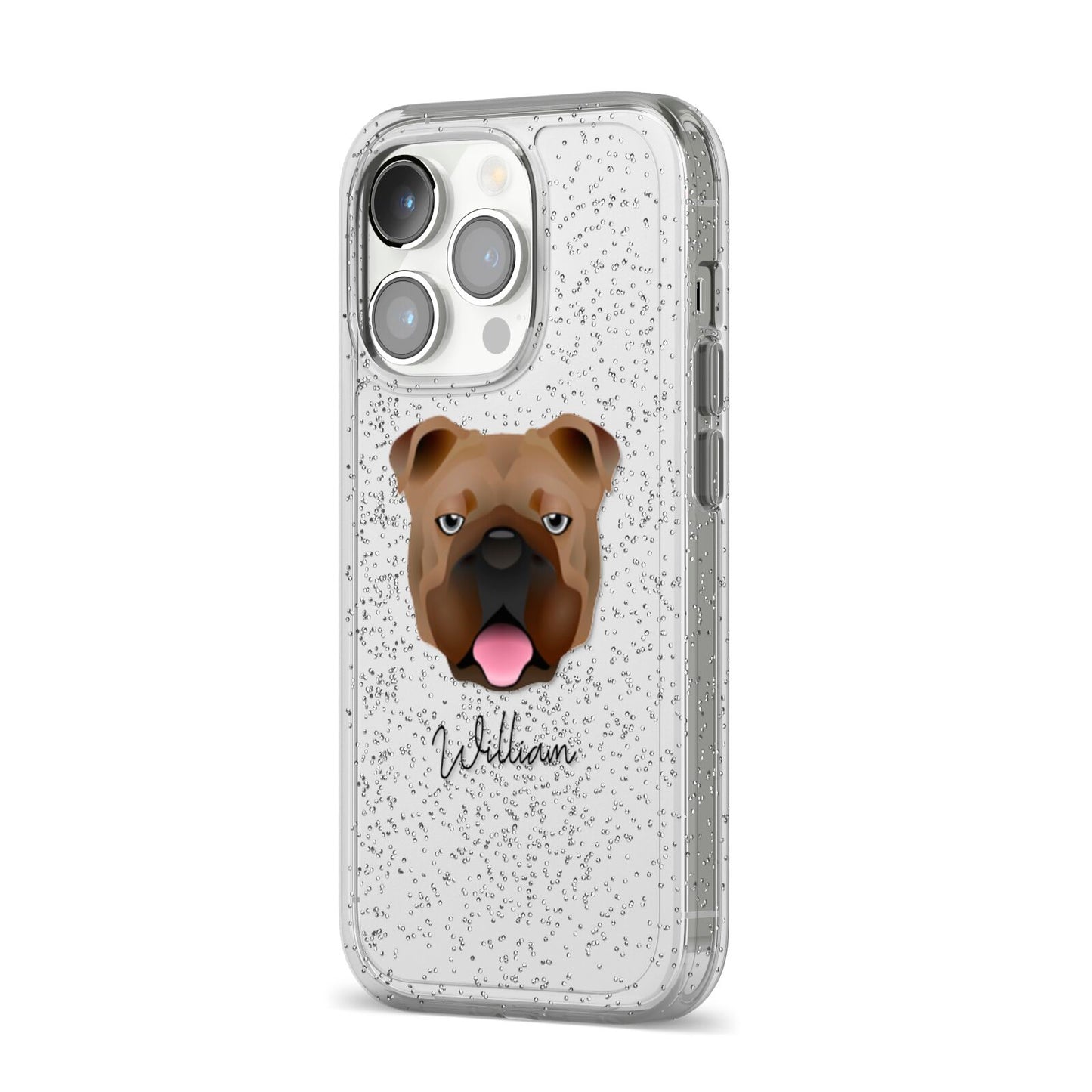 English Bulldog Personalised iPhone 14 Pro Glitter Tough Case Silver Angled Image