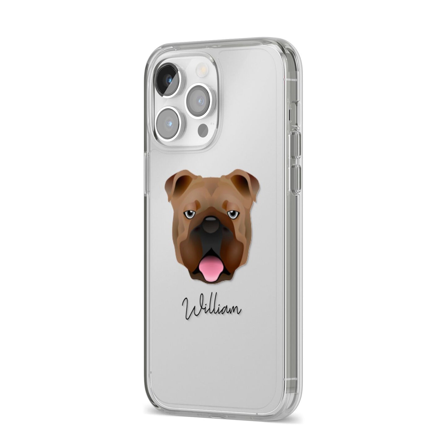 English Bulldog Personalised iPhone 14 Pro Max Clear Tough Case Silver Angled Image