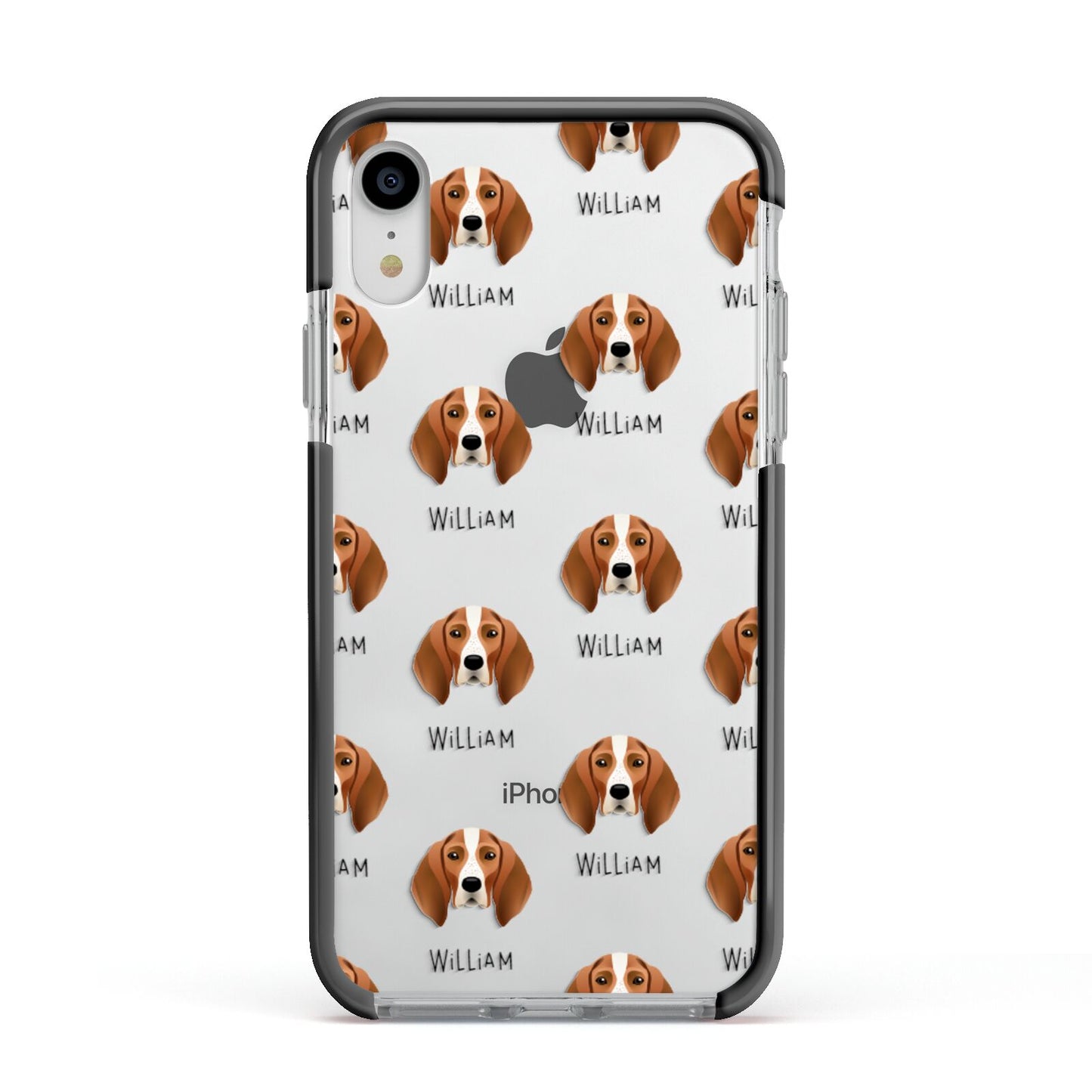 English Coonhound Icon with Name Apple iPhone XR Impact Case Black Edge on Silver Phone
