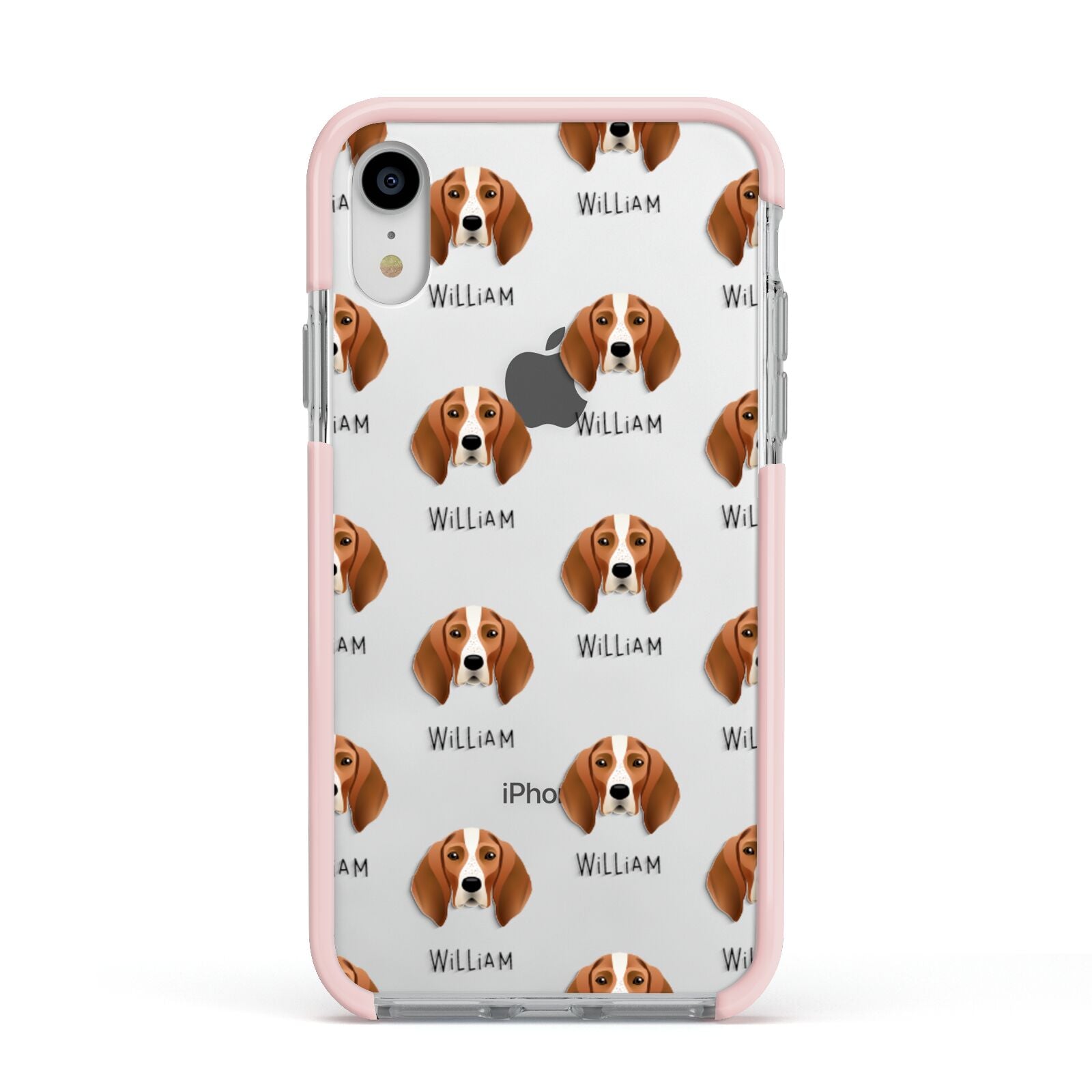 English Coonhound Icon with Name Apple iPhone XR Impact Case Pink Edge on Silver Phone