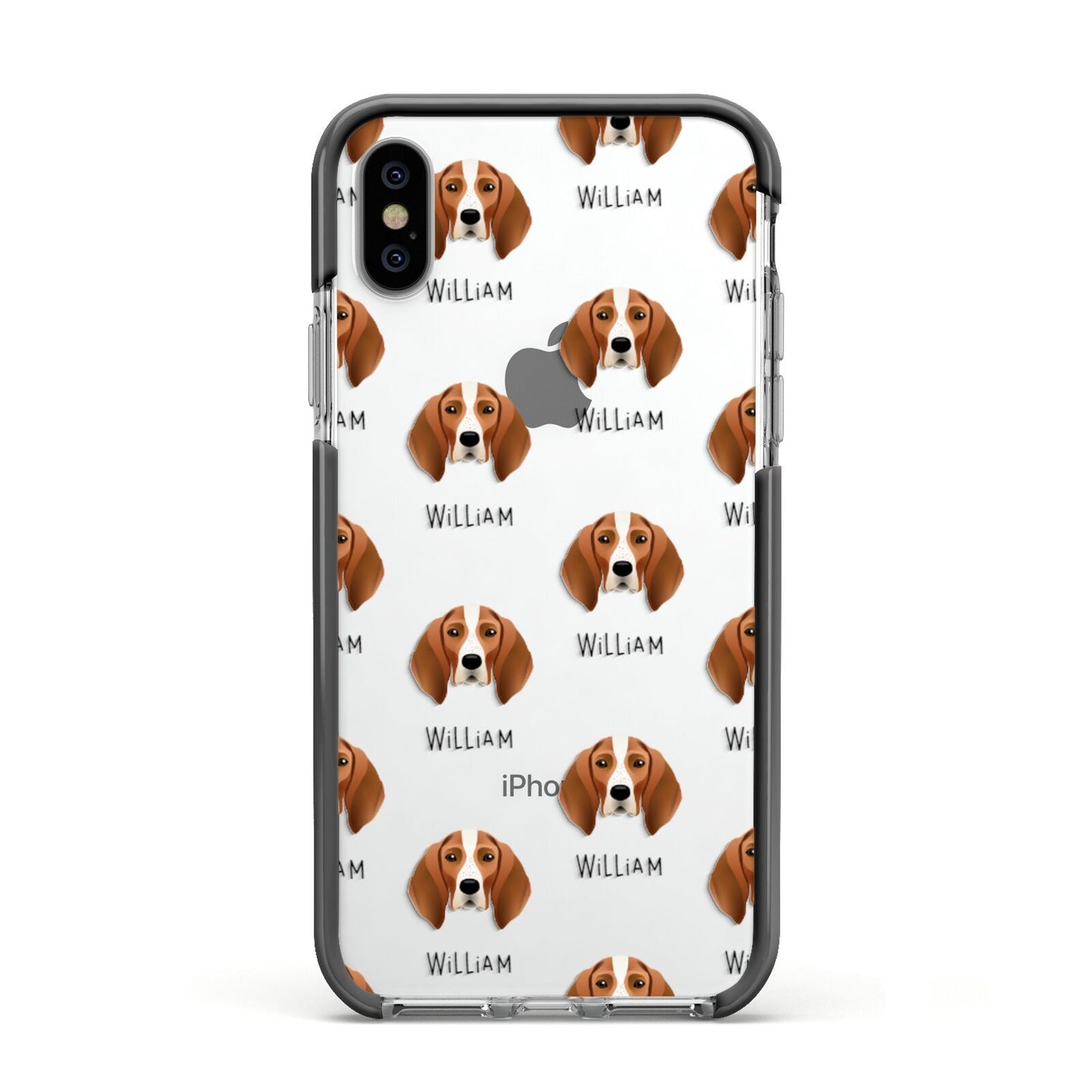 English Coonhound Icon with Name Apple iPhone Xs Impact Case Black Edge on Silver Phone