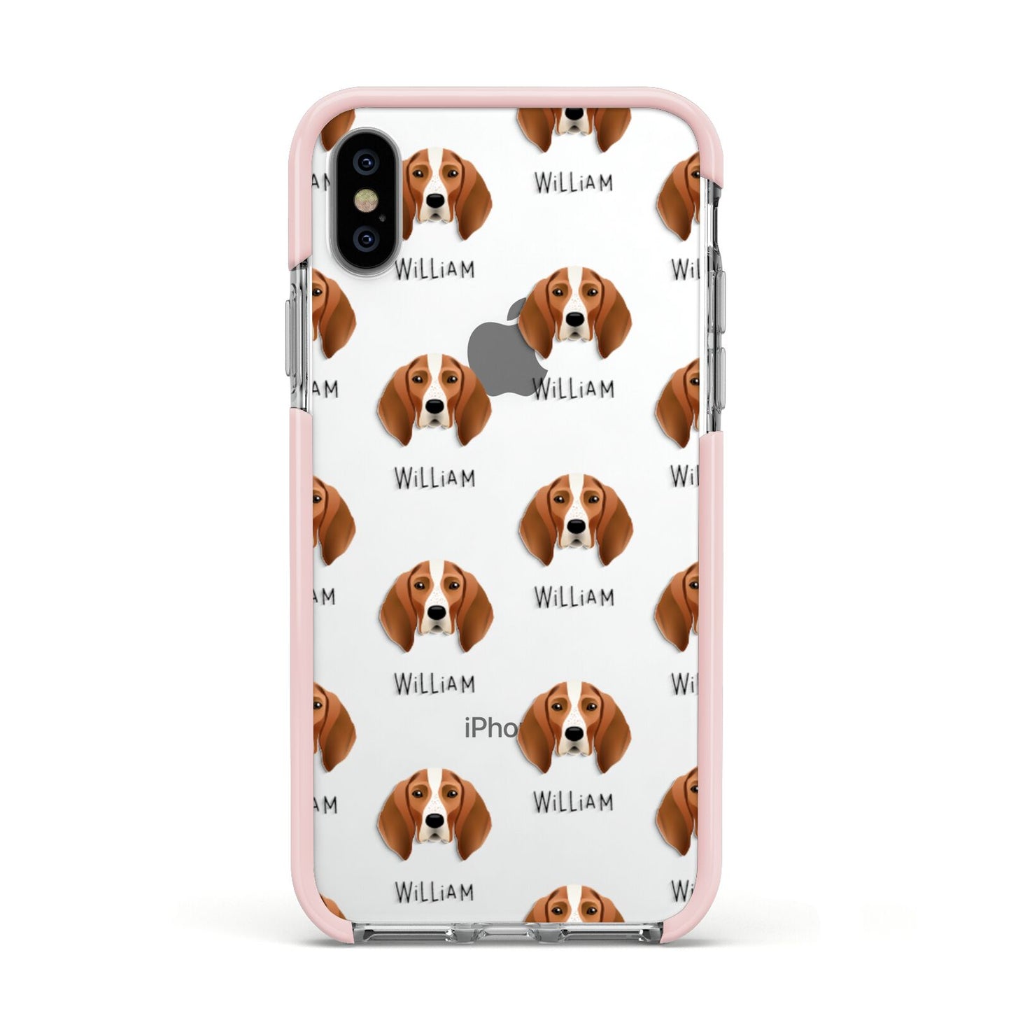 English Coonhound Icon with Name Apple iPhone Xs Impact Case Pink Edge on Silver Phone