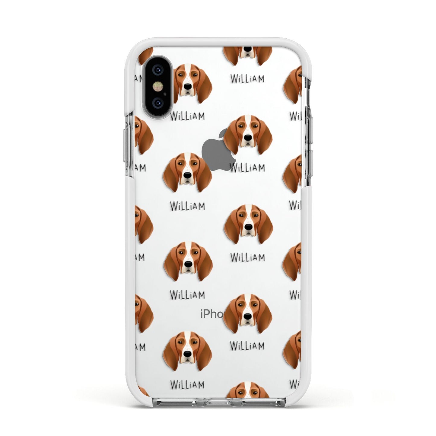 English Coonhound Icon with Name Apple iPhone Xs Impact Case White Edge on Silver Phone