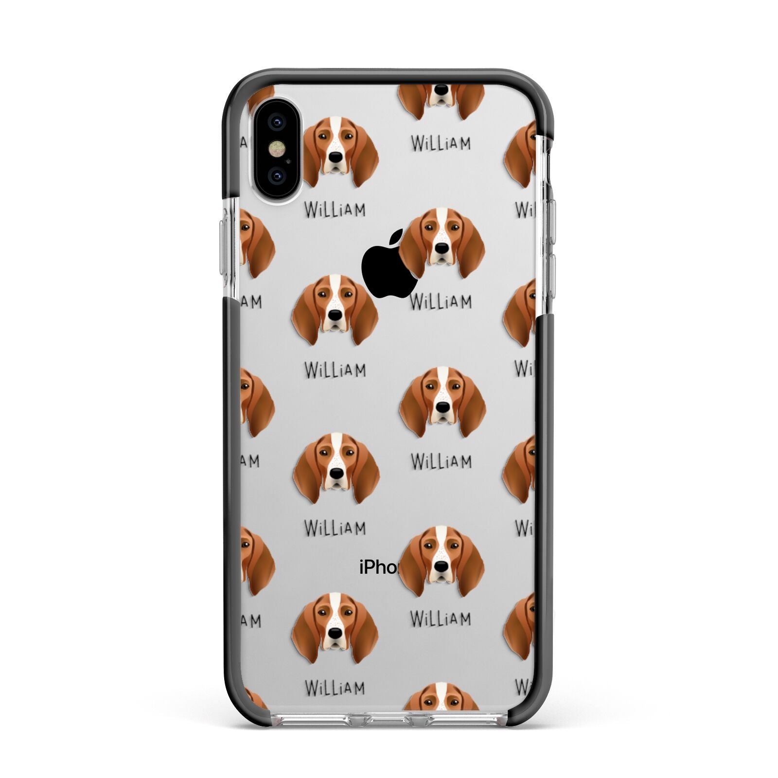 English Coonhound Icon with Name Apple iPhone Xs Max Impact Case Black Edge on Silver Phone