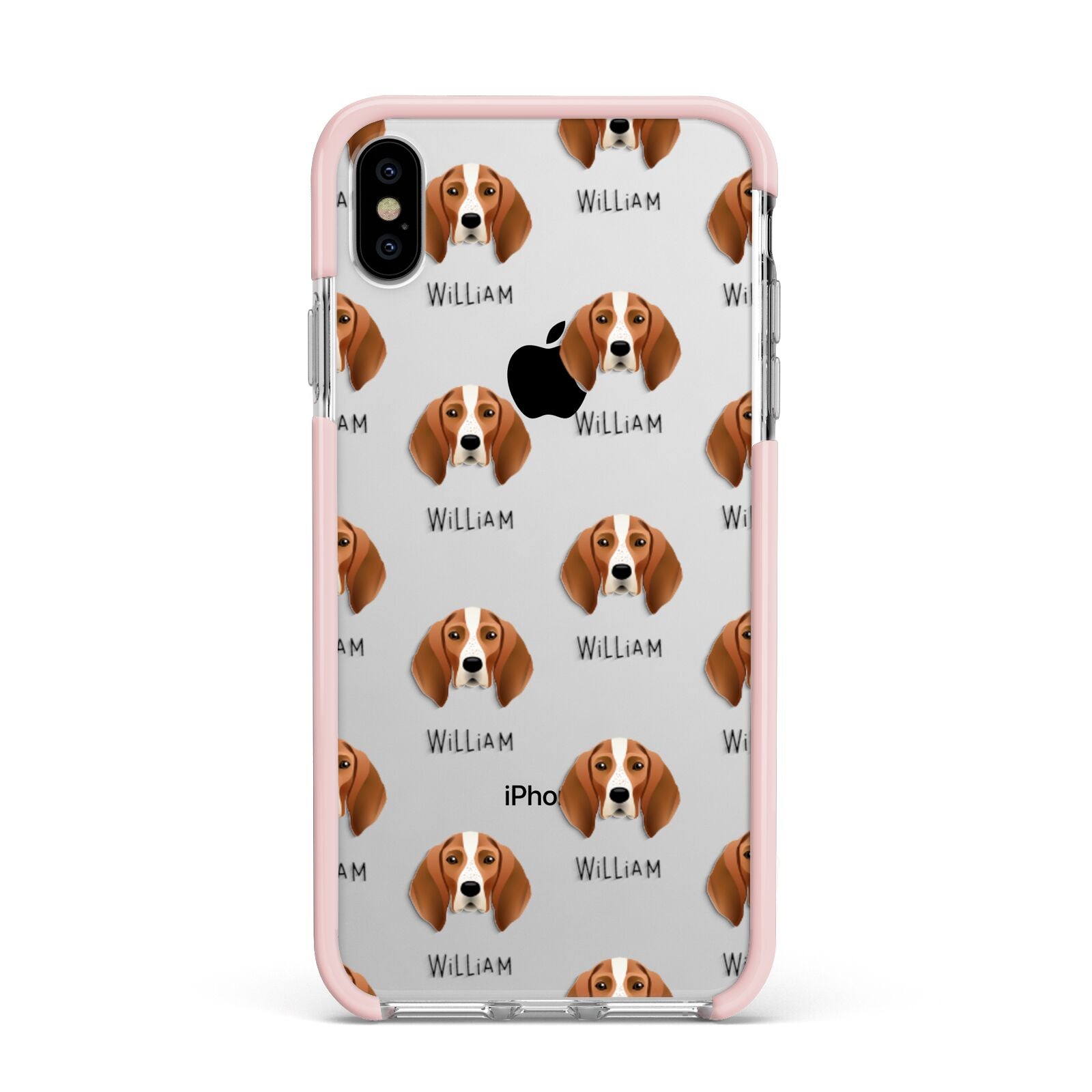 English Coonhound Icon with Name Apple iPhone Xs Max Impact Case Pink Edge on Silver Phone