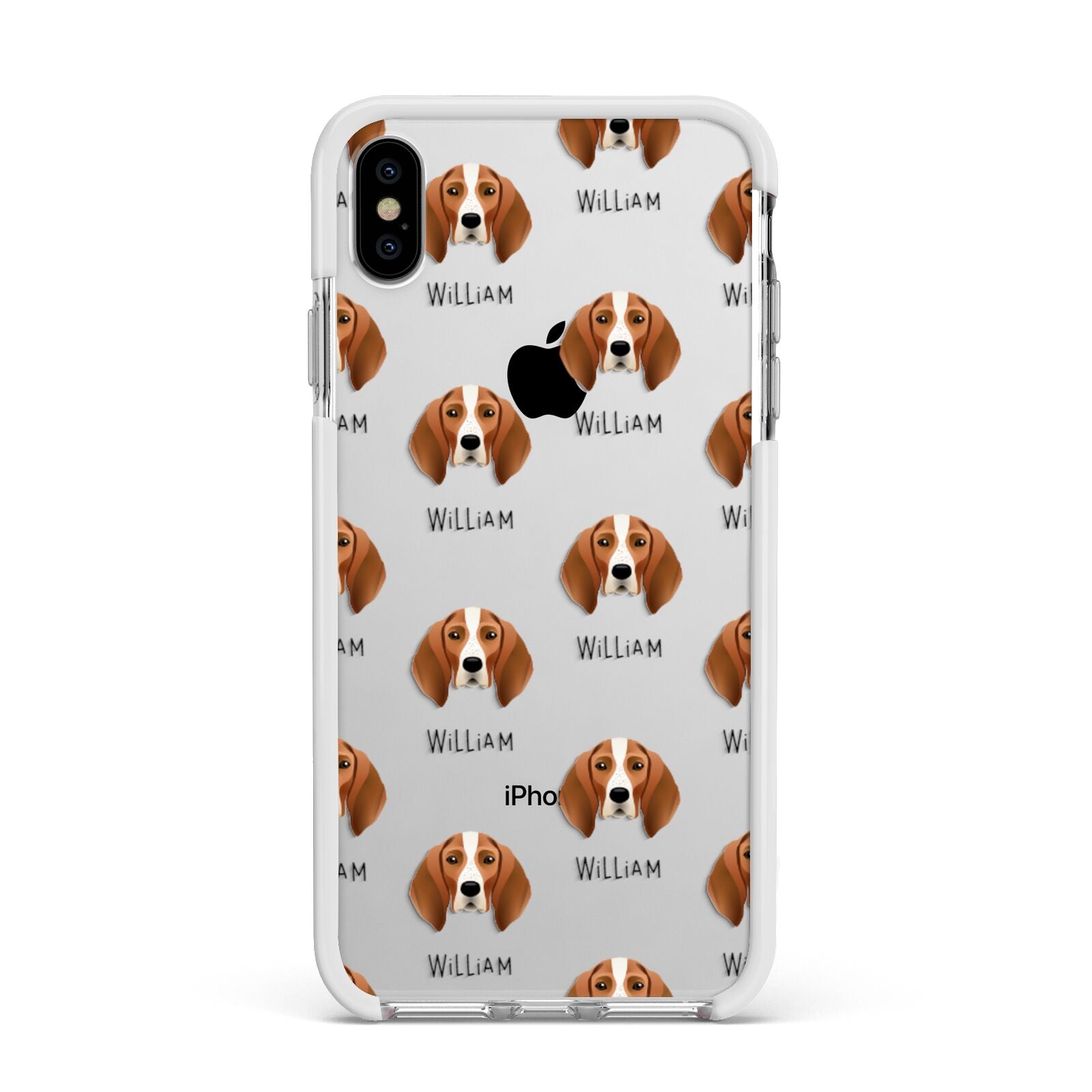 English Coonhound Icon with Name Apple iPhone Xs Max Impact Case White Edge on Silver Phone