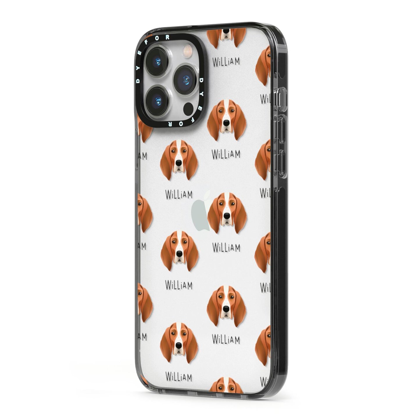 English Coonhound Icon with Name iPhone 13 Pro Max Black Impact Case Side Angle on Silver phone