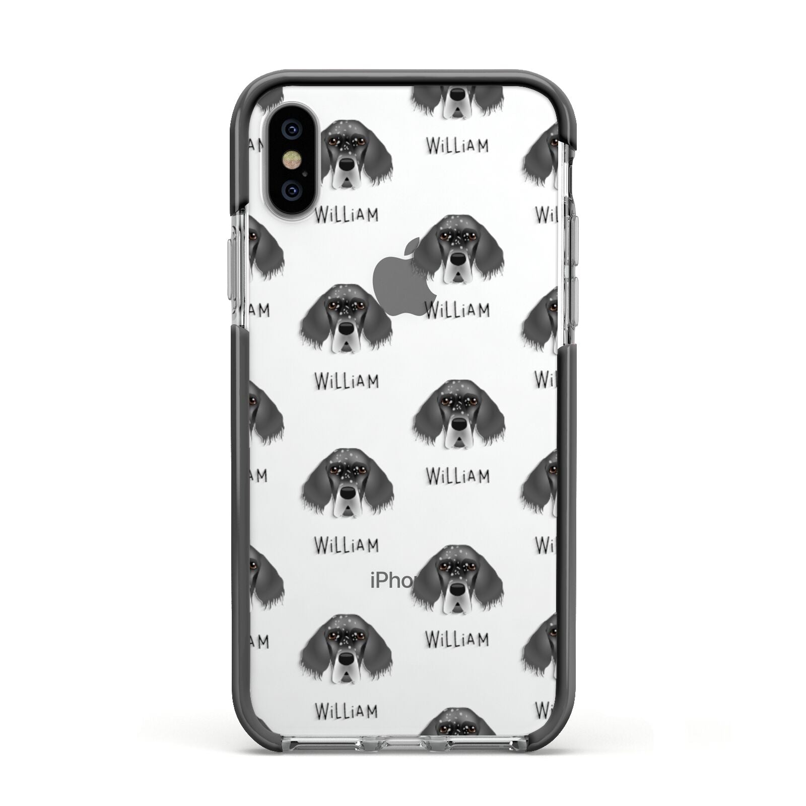 English Setter Icon with Name Apple iPhone Xs Impact Case Black Edge on Silver Phone