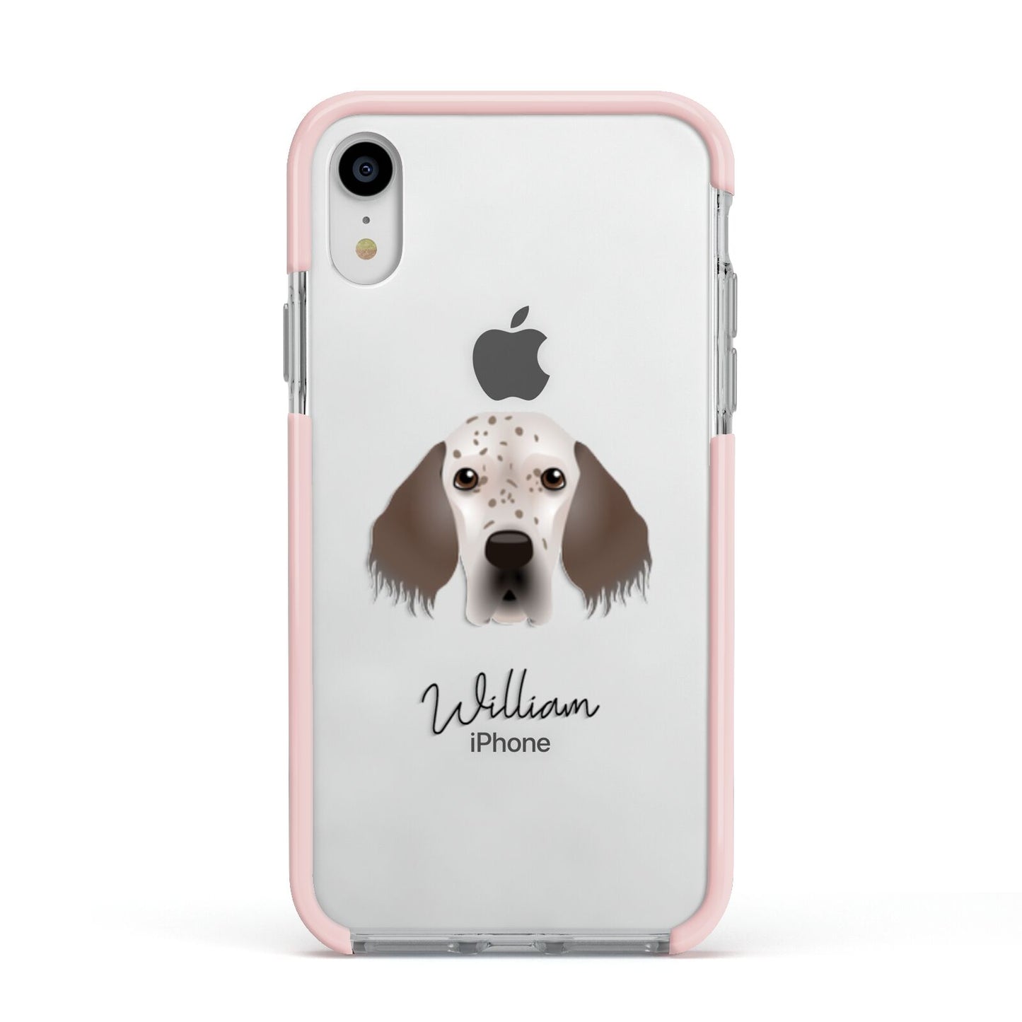 English Setter Personalised Apple iPhone XR Impact Case Pink Edge on Silver Phone