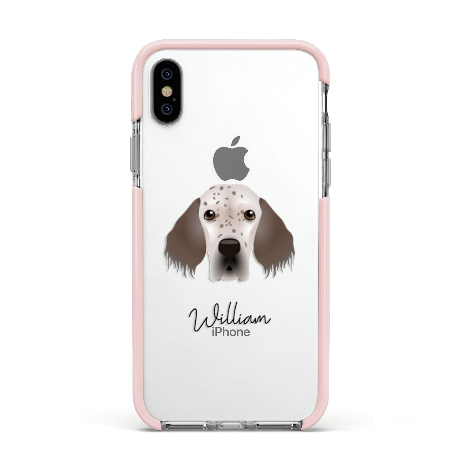English Setter Personalised Apple iPhone Xs Impact Case Pink Edge on Silver Phone