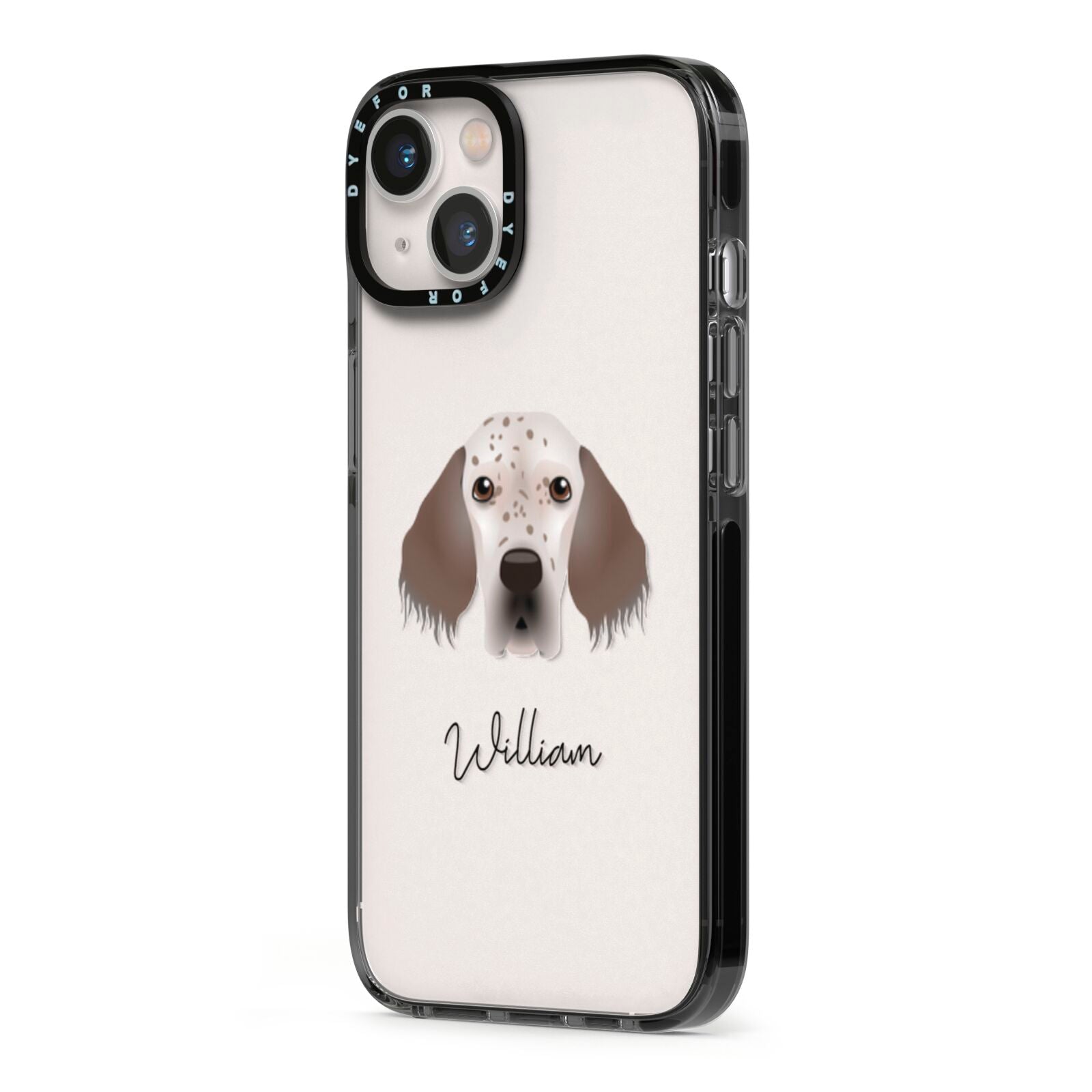 English Setter Personalised iPhone 13 Black Impact Case Side Angle on Silver phone