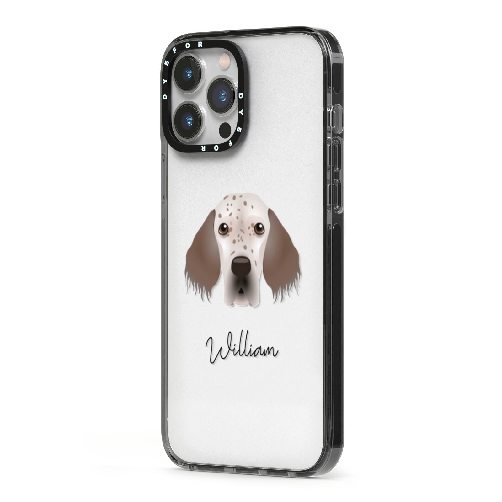 English Setter Personalised iPhone 13 Pro Max Black Impact Case Side Angle on Silver phone