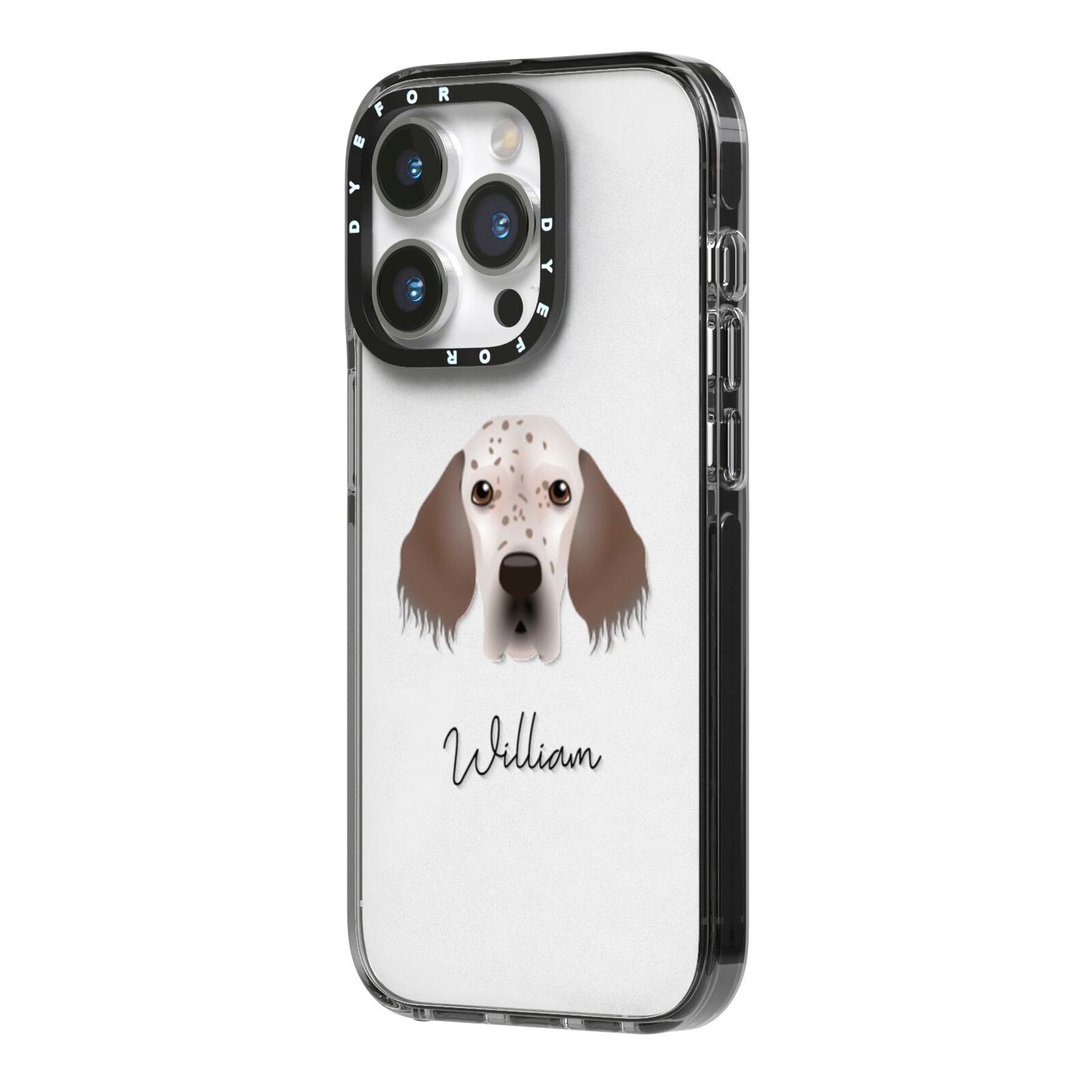 English Setter Personalised iPhone 14 Pro Black Impact Case Side Angle on Silver phone