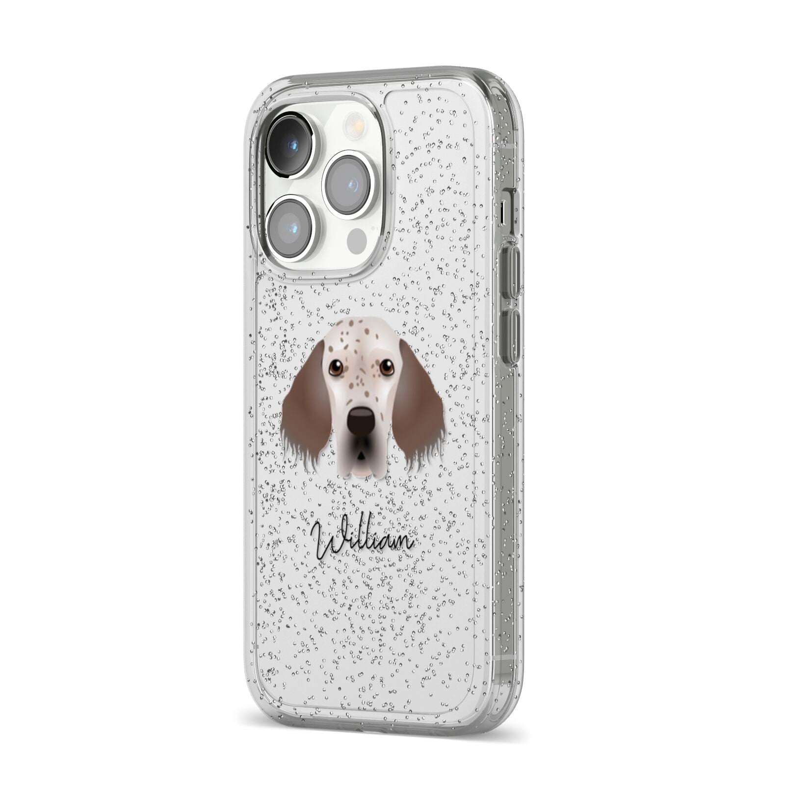 English Setter Personalised iPhone 14 Pro Glitter Tough Case Silver Angled Image