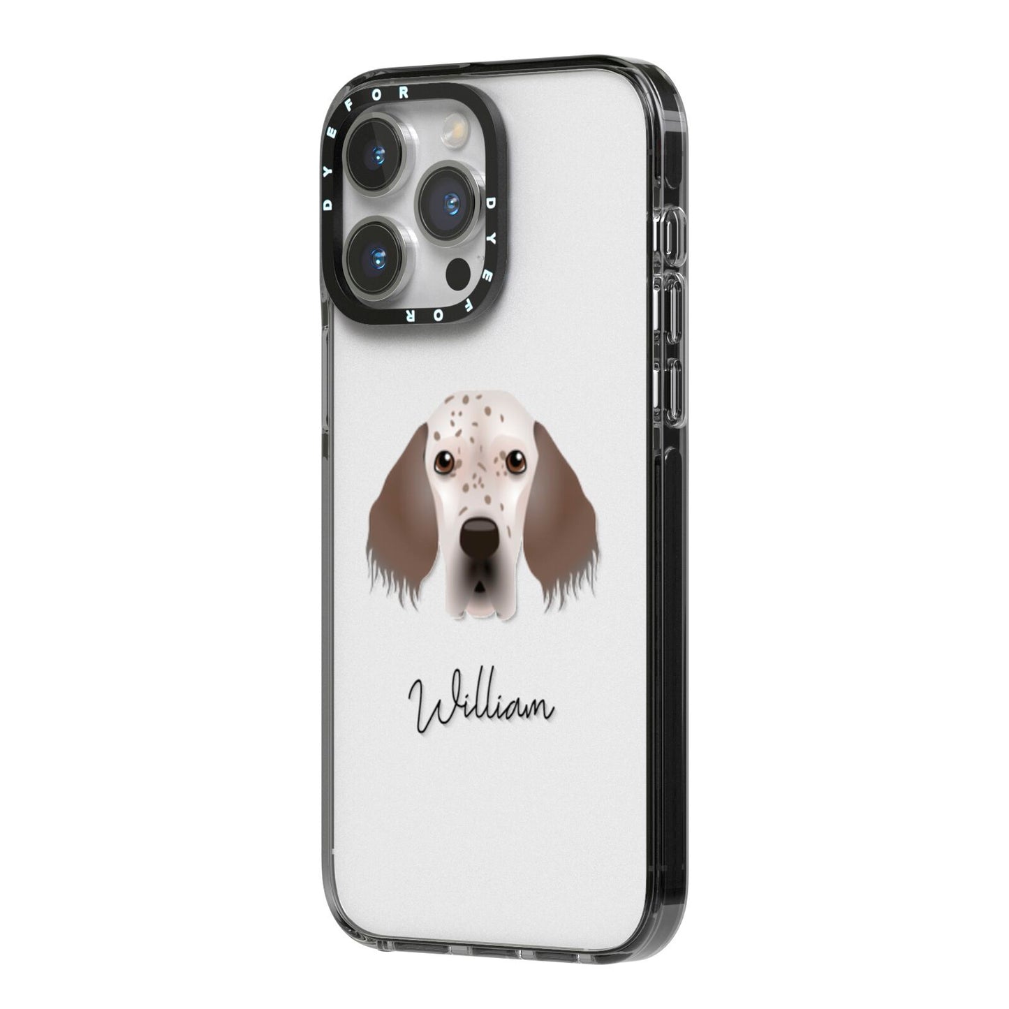 English Setter Personalised iPhone 14 Pro Max Black Impact Case Side Angle on Silver phone