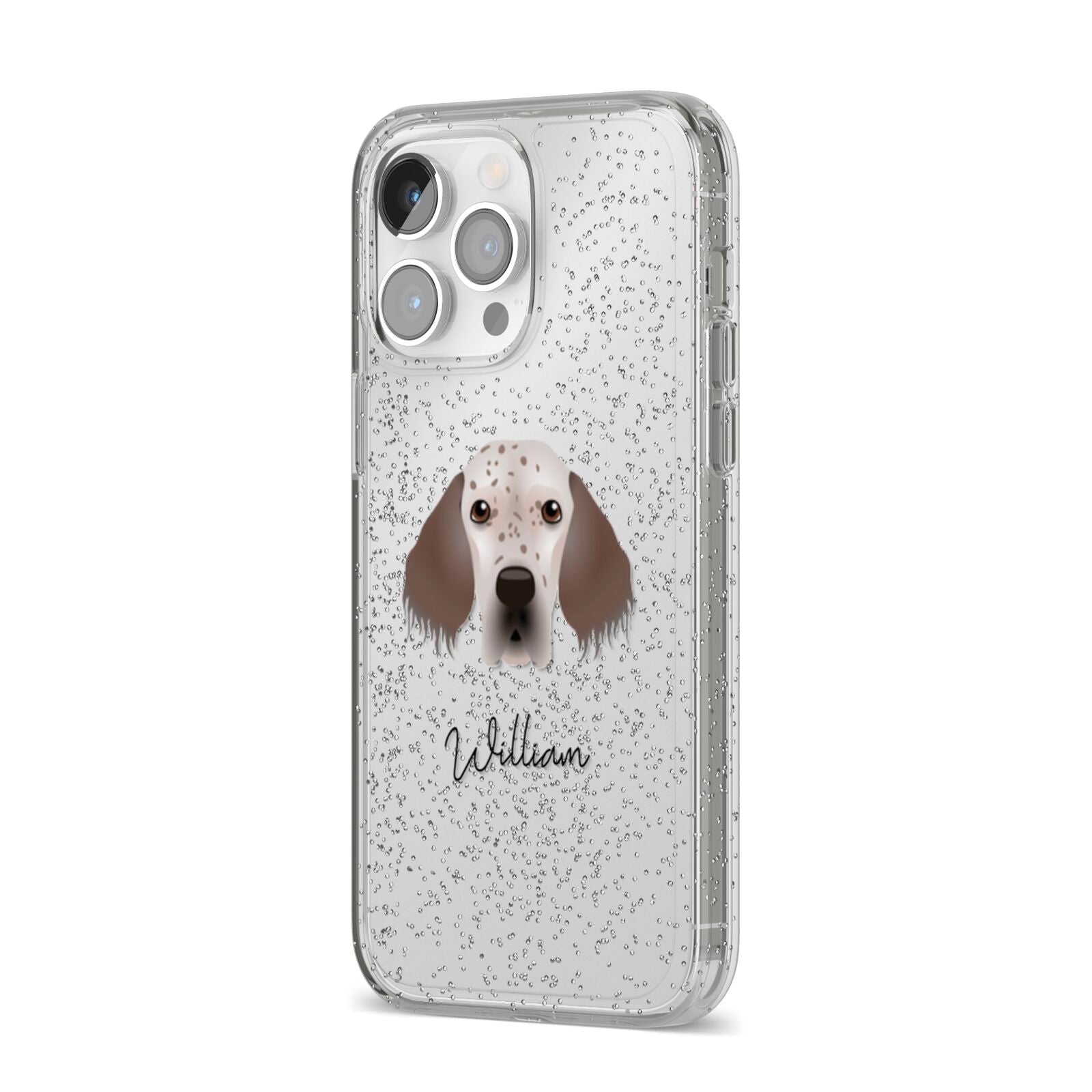 English Setter Personalised iPhone 14 Pro Max Glitter Tough Case Silver Angled Image