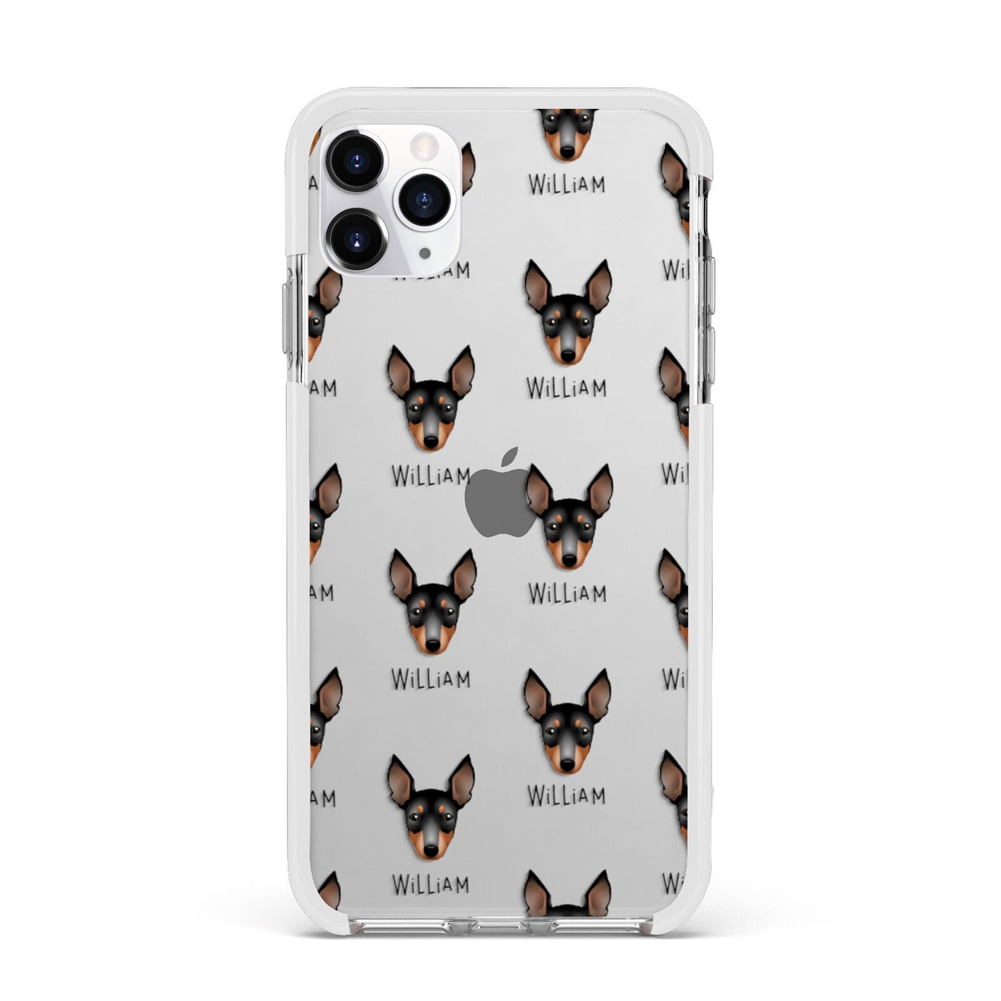 English Toy Terrier Icon with Name Apple iPhone 11 Pro Max in Silver with White Impact Case
