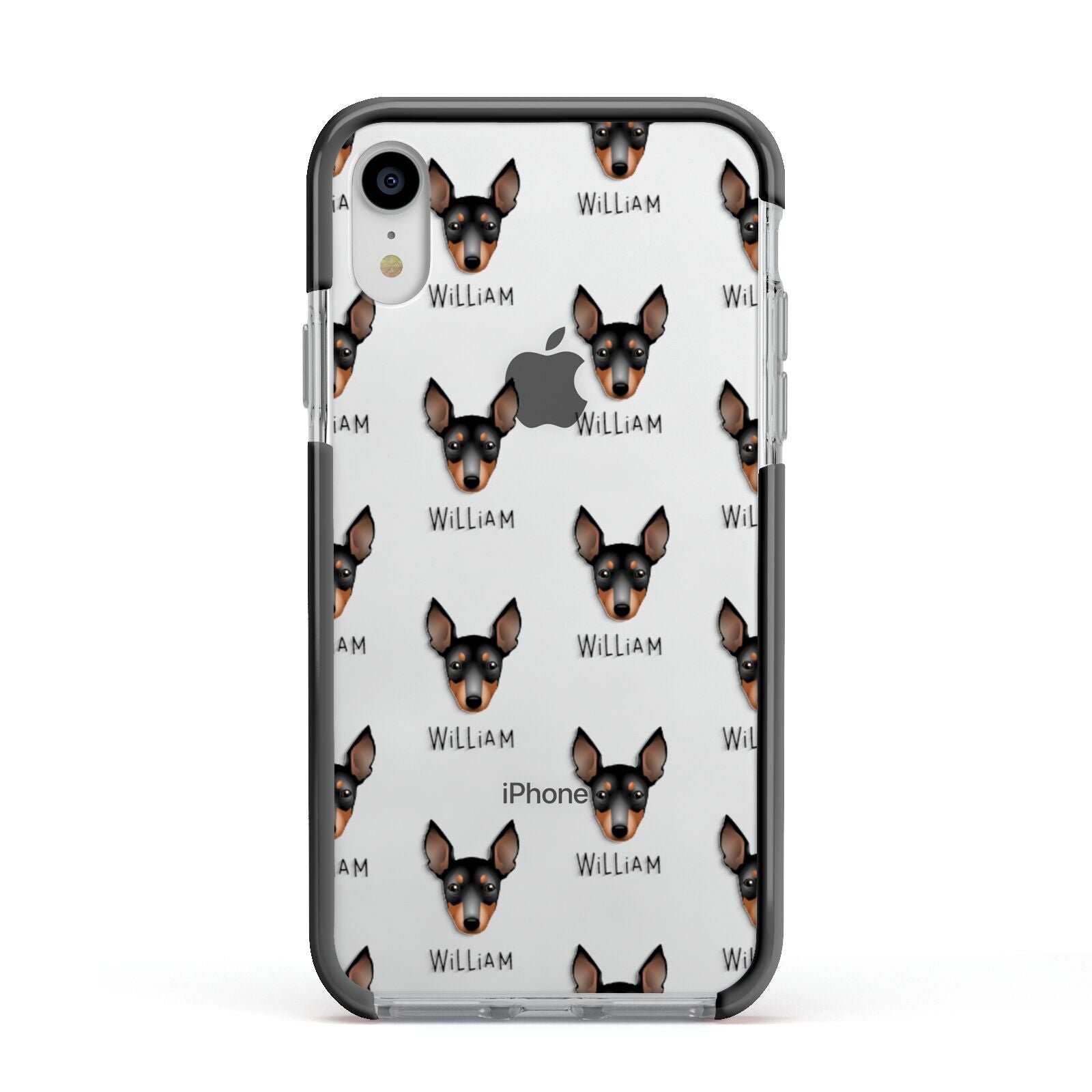 English Toy Terrier Icon with Name Apple iPhone XR Impact Case Black Edge on Silver Phone