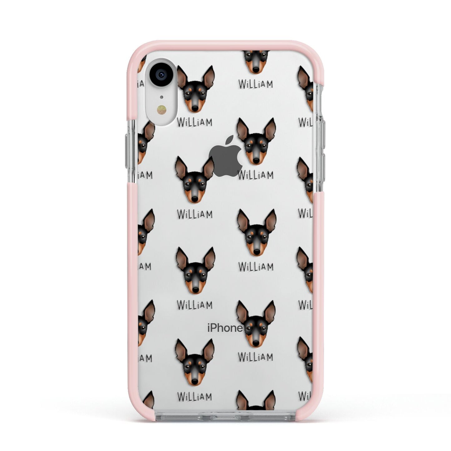 English Toy Terrier Icon with Name Apple iPhone XR Impact Case Pink Edge on Silver Phone