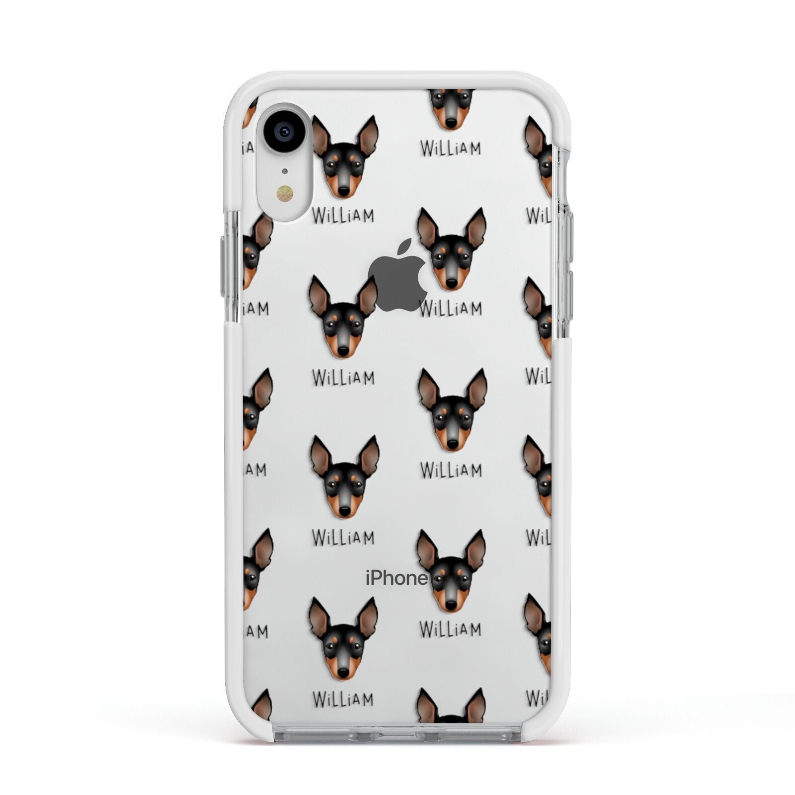 English Toy Terrier Icon with Name Apple iPhone XR Impact Case White Edge on Silver Phone