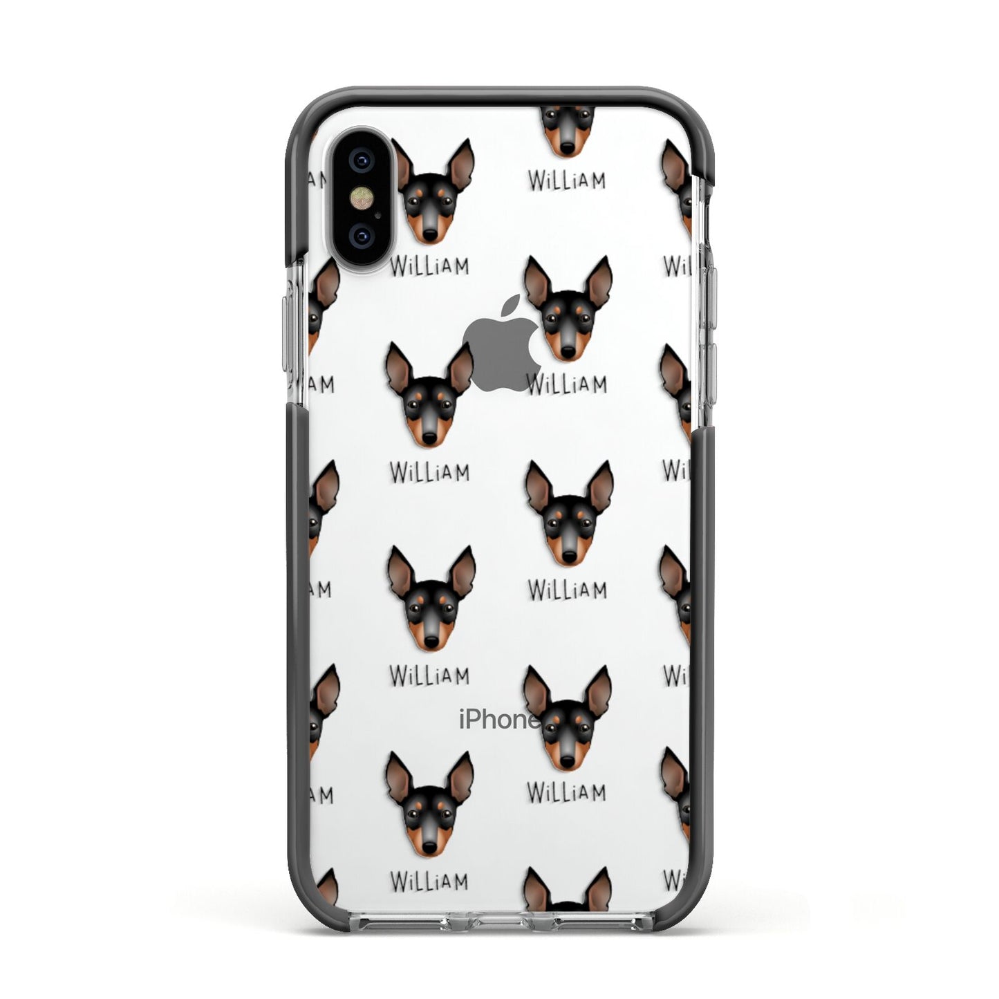 English Toy Terrier Icon with Name Apple iPhone Xs Impact Case Black Edge on Silver Phone