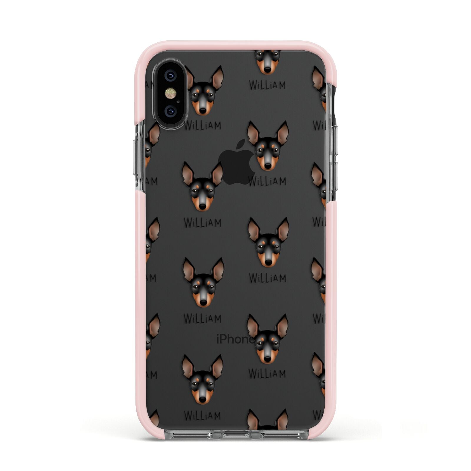 English Toy Terrier Icon with Name Apple iPhone Xs Impact Case Pink Edge on Black Phone