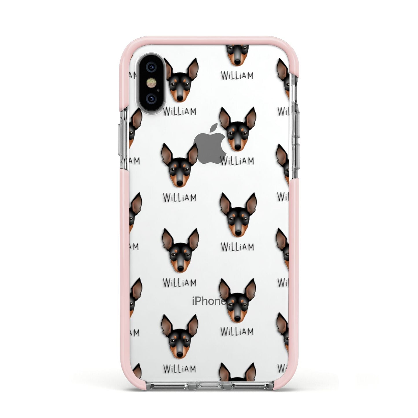 English Toy Terrier Icon with Name Apple iPhone Xs Impact Case Pink Edge on Silver Phone