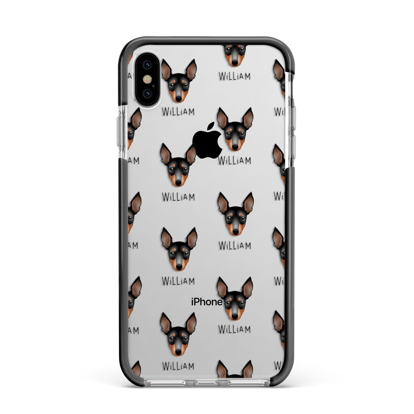 English Toy Terrier Icon with Name Apple iPhone Xs Max Impact Case Black Edge on Silver Phone