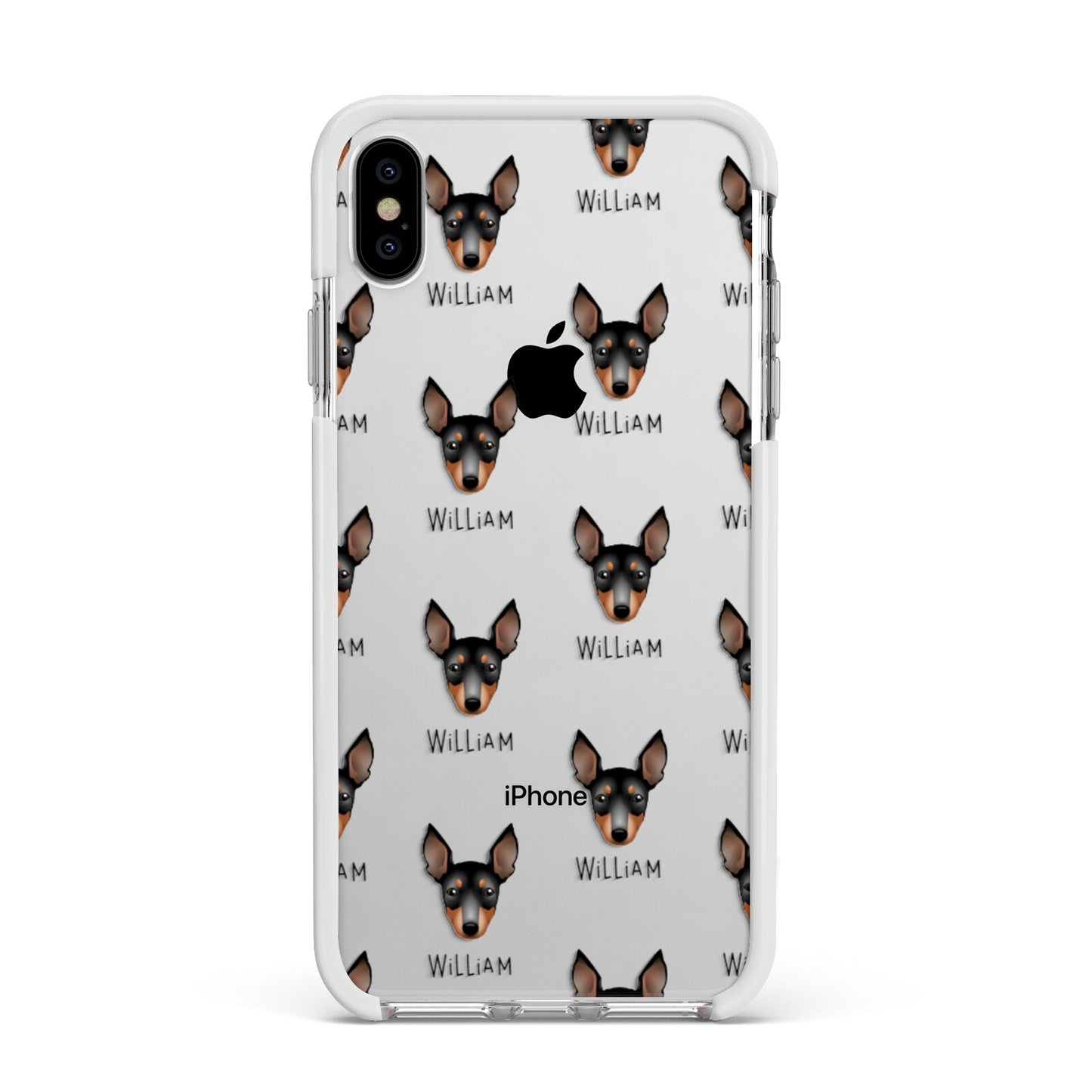 English Toy Terrier Icon with Name Apple iPhone Xs Max Impact Case White Edge on Silver Phone
