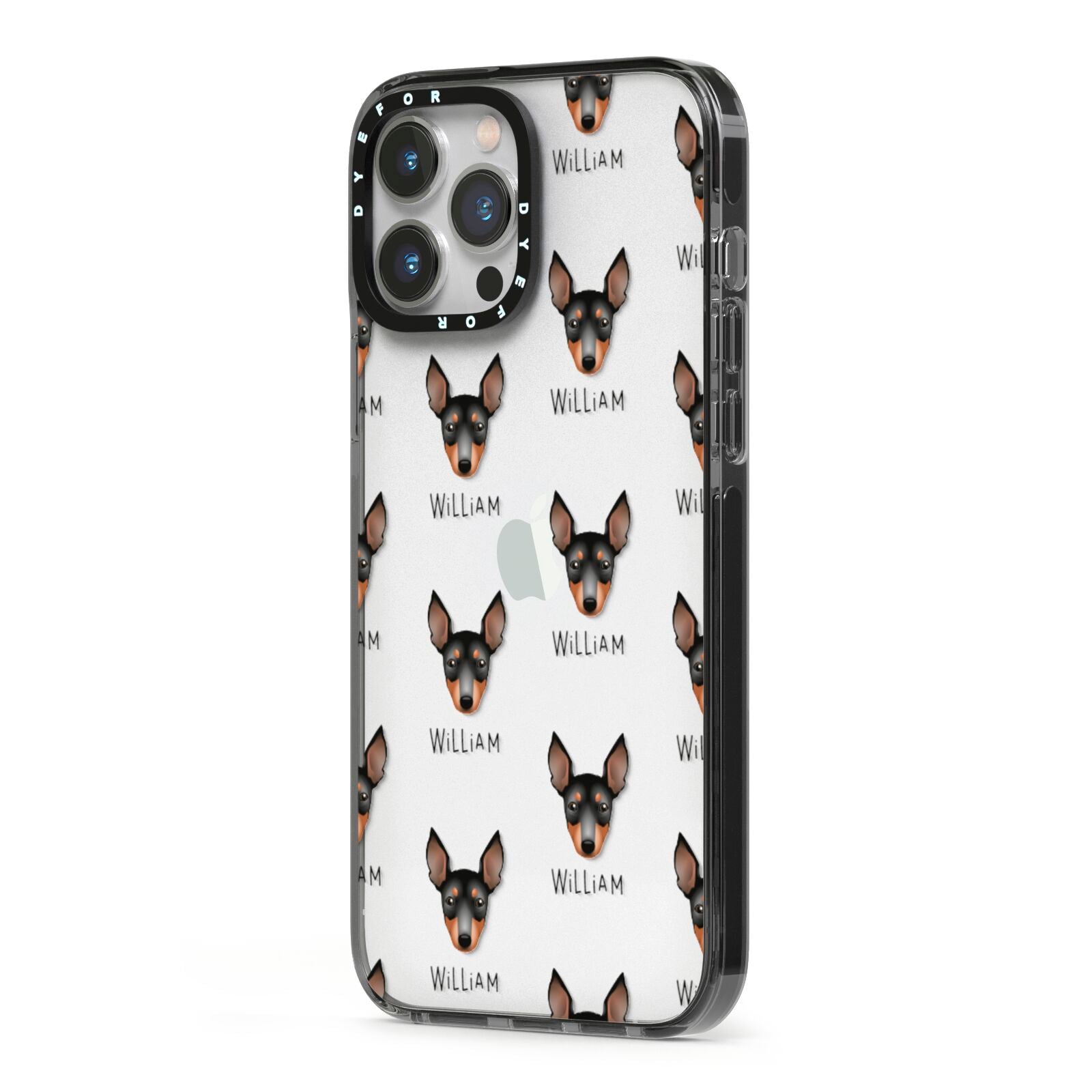 English Toy Terrier Icon with Name iPhone 13 Pro Max Black Impact Case Side Angle on Silver phone