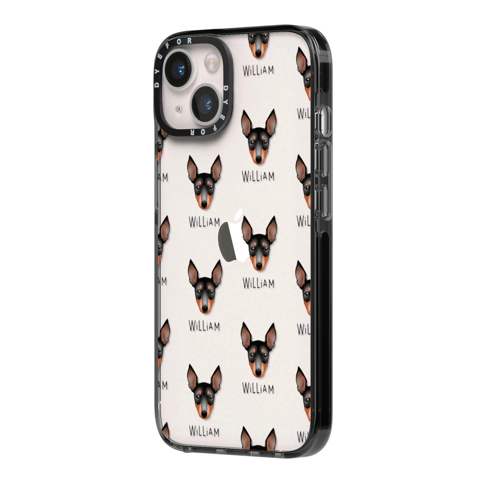 English Toy Terrier Icon with Name iPhone 14 Black Impact Case Side Angle on Silver phone