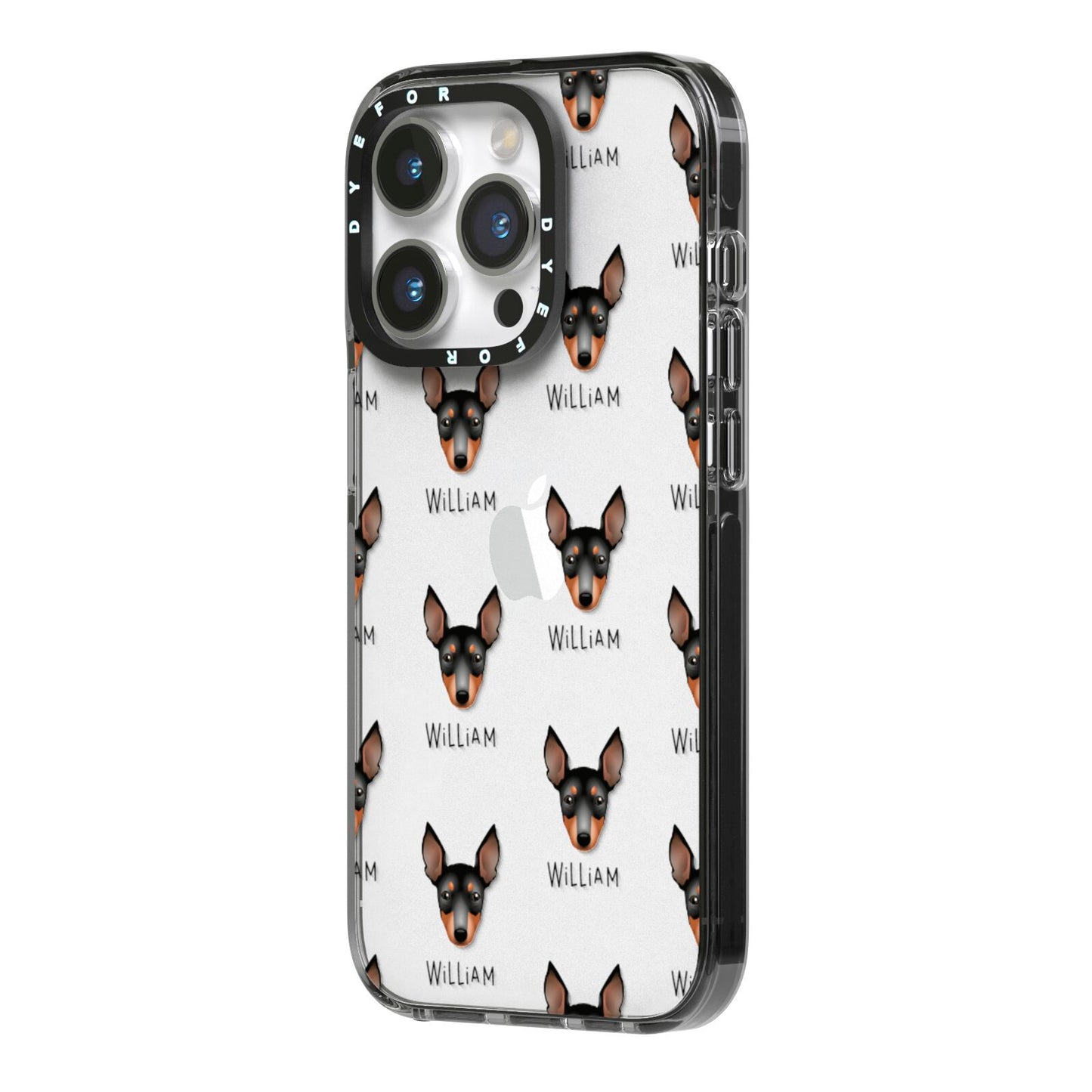 English Toy Terrier Icon with Name iPhone 14 Pro Black Impact Case Side Angle on Silver phone