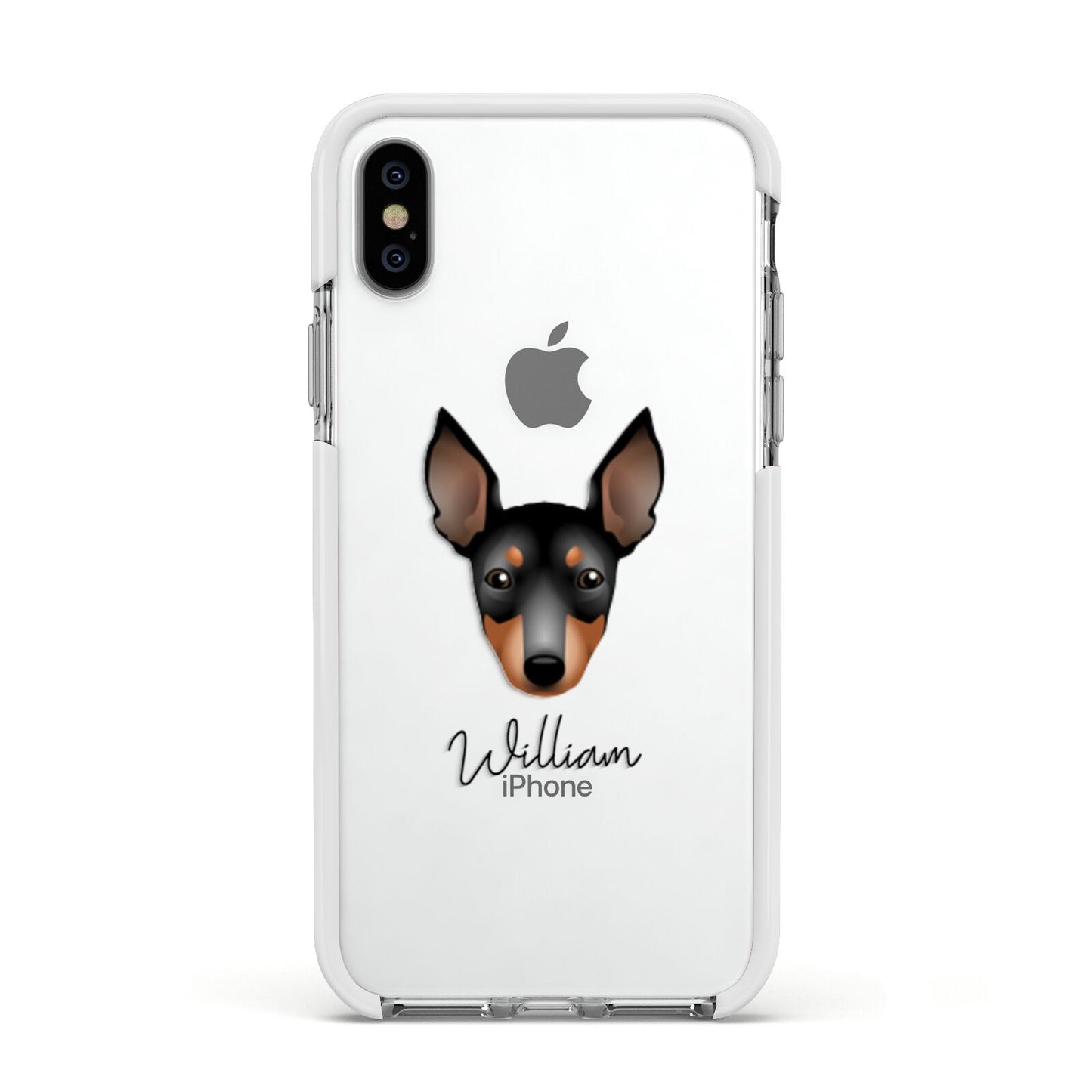 English Toy Terrier Personalised Apple iPhone Xs Impact Case White Edge on Silver Phone