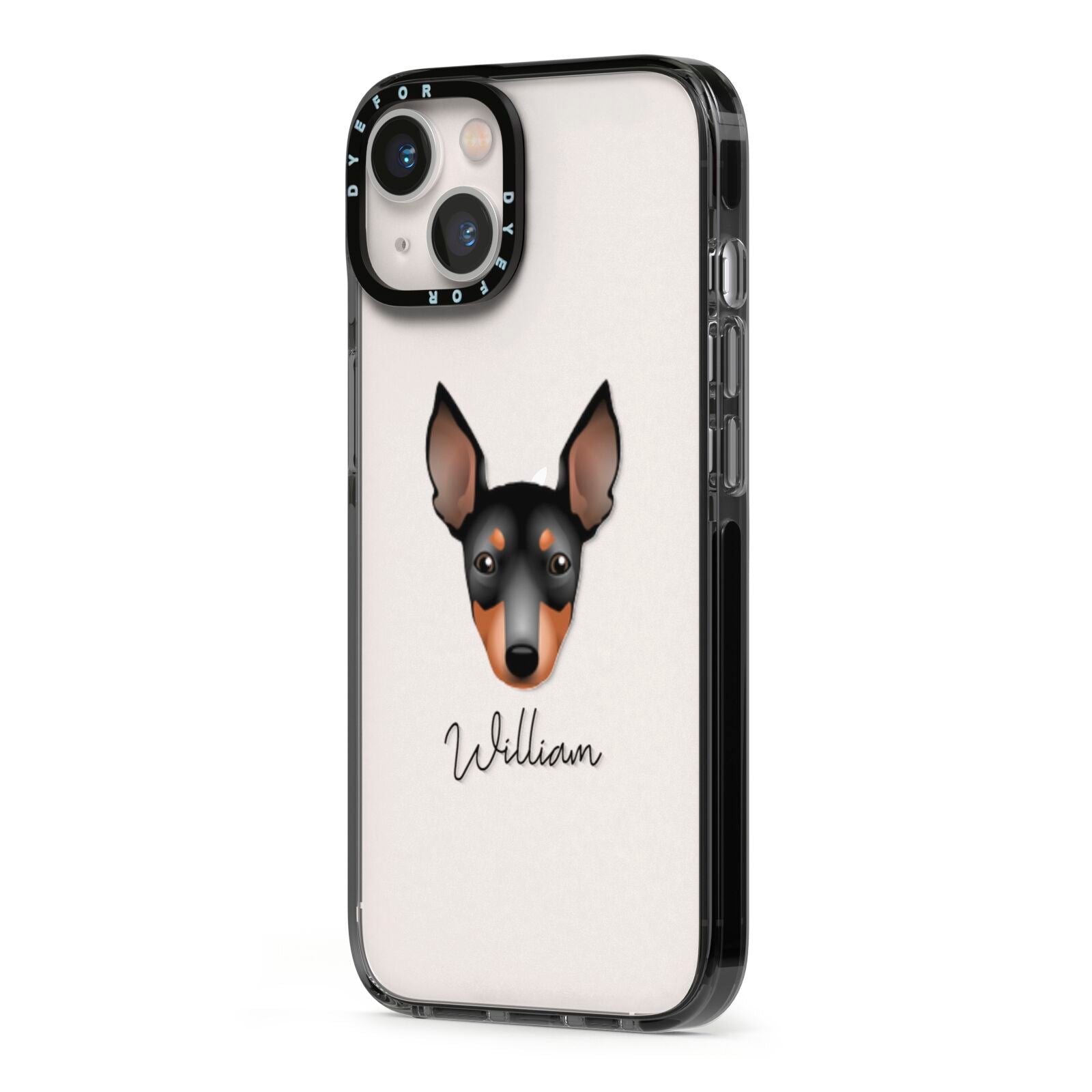 English Toy Terrier Personalised iPhone 13 Black Impact Case Side Angle on Silver phone