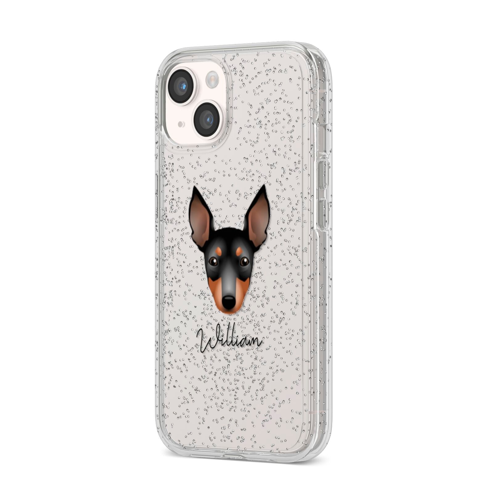 English Toy Terrier Personalised iPhone 14 Glitter Tough Case Starlight Angled Image