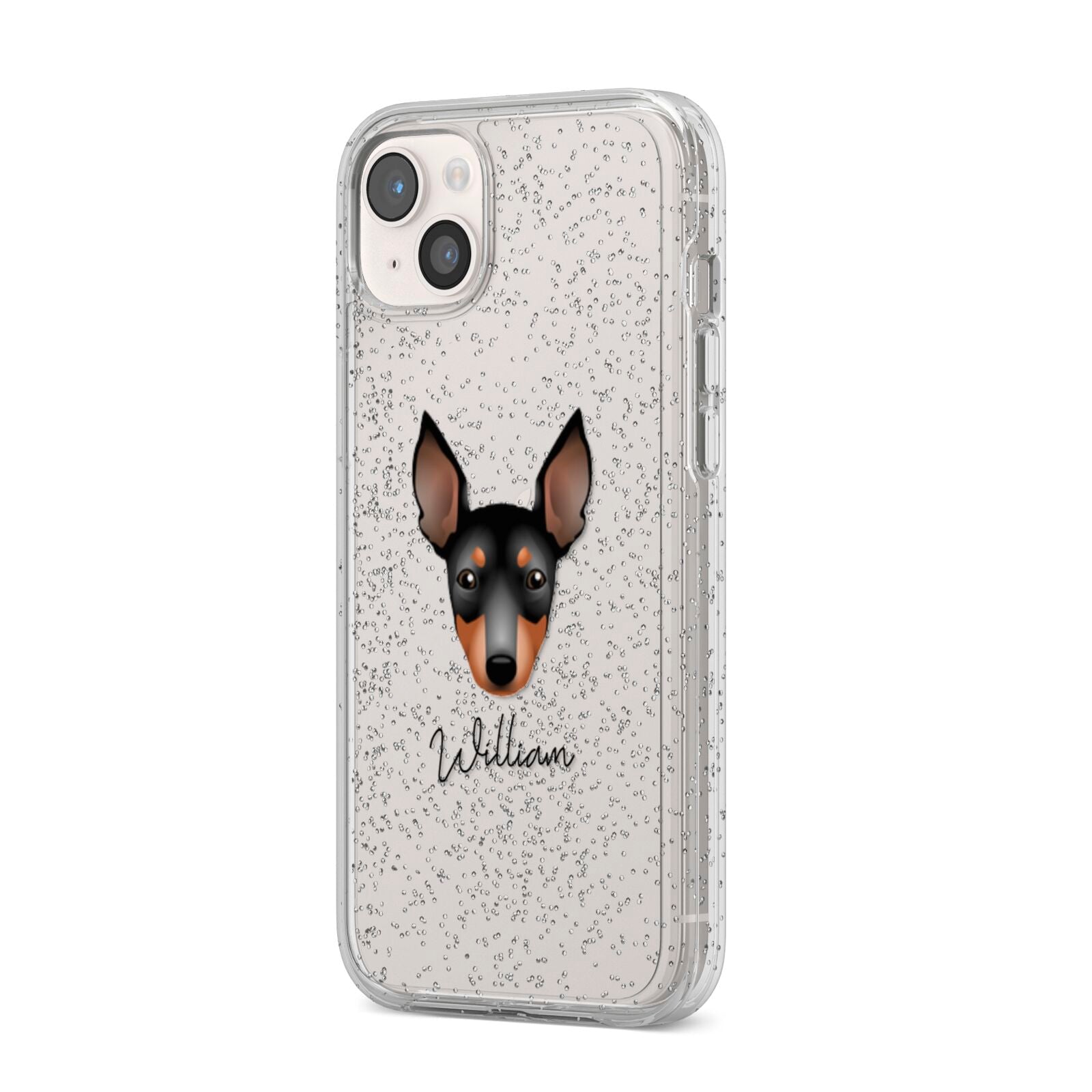 English Toy Terrier Personalised iPhone 14 Plus Glitter Tough Case Starlight Angled Image