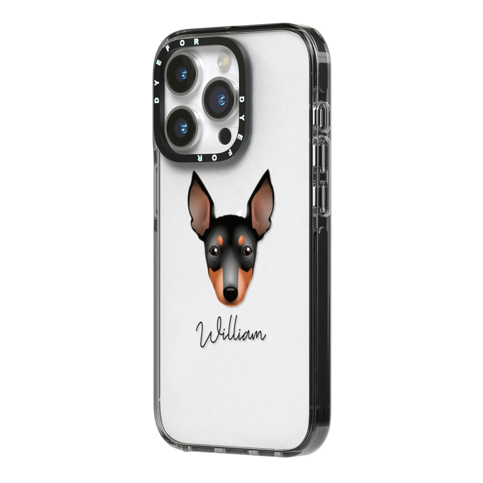 English Toy Terrier Personalised iPhone 14 Pro Black Impact Case Side Angle on Silver phone