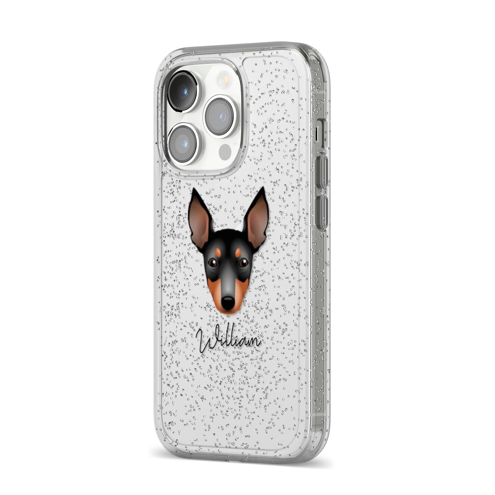 English Toy Terrier Personalised iPhone 14 Pro Glitter Tough Case Silver Angled Image