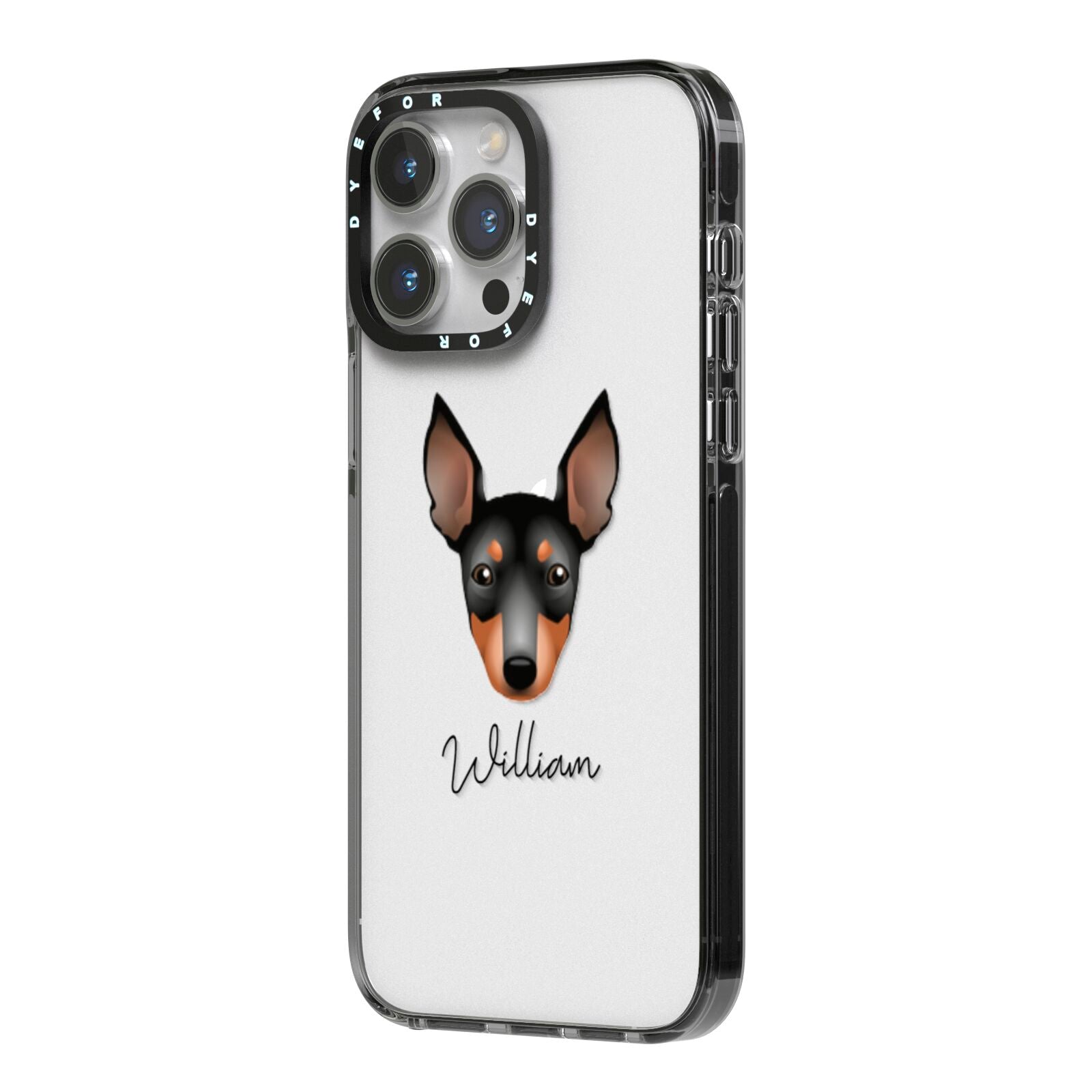 English Toy Terrier Personalised iPhone 14 Pro Max Black Impact Case Side Angle on Silver phone