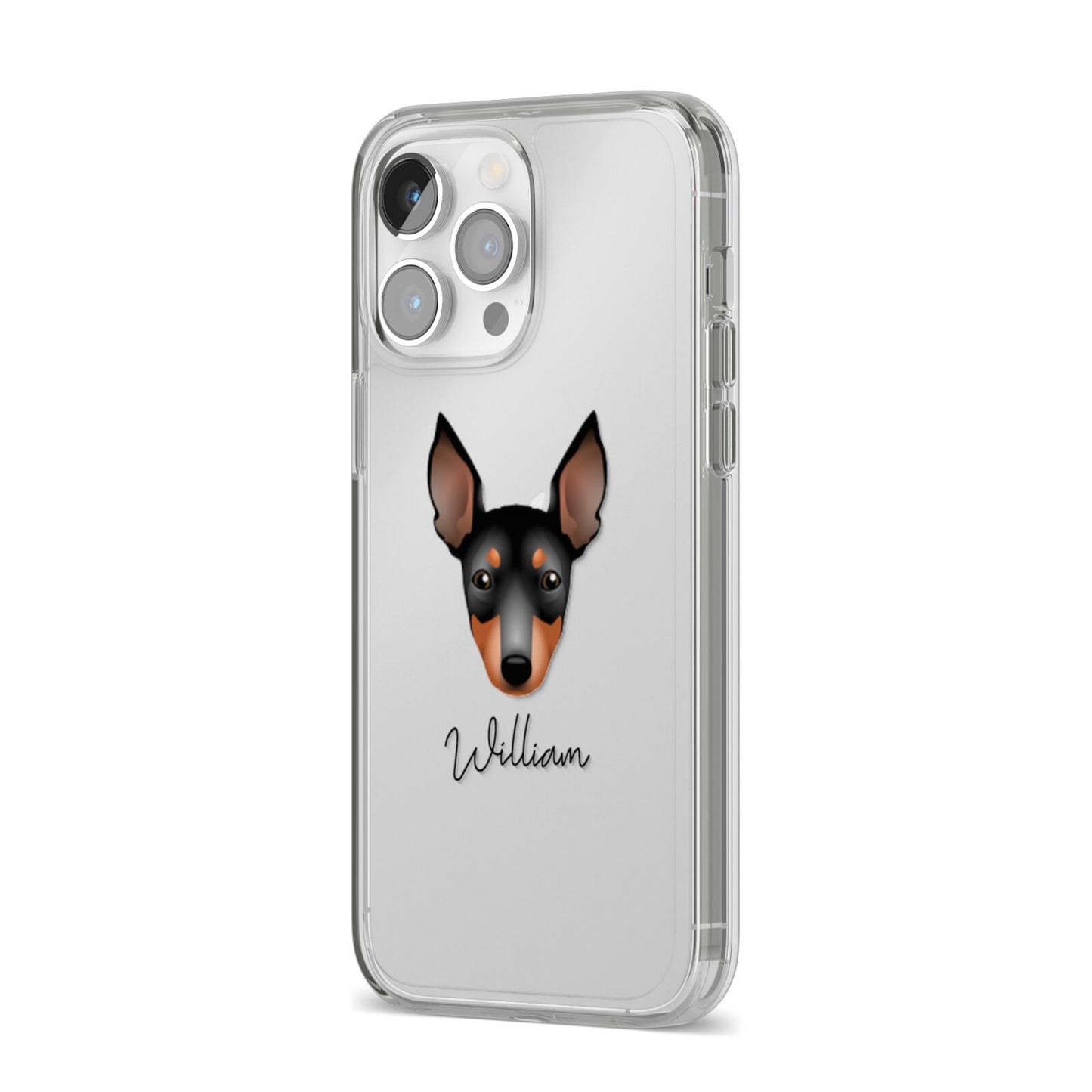 English Toy Terrier Personalised iPhone 14 Pro Max Clear Tough Case Silver Angled Image
