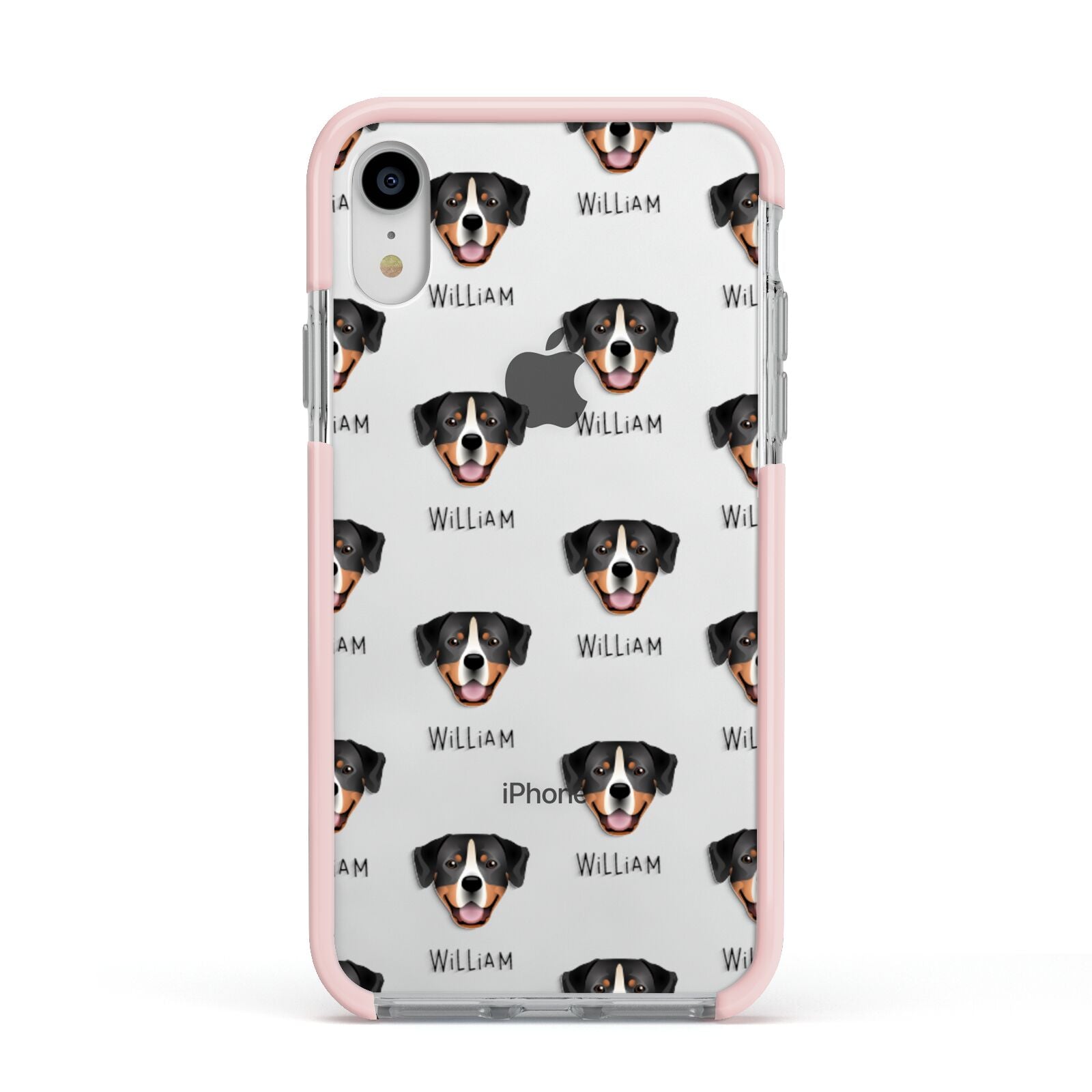 Entlebucher Mountain Dog Icon with Name Apple iPhone XR Impact Case Pink Edge on Silver Phone