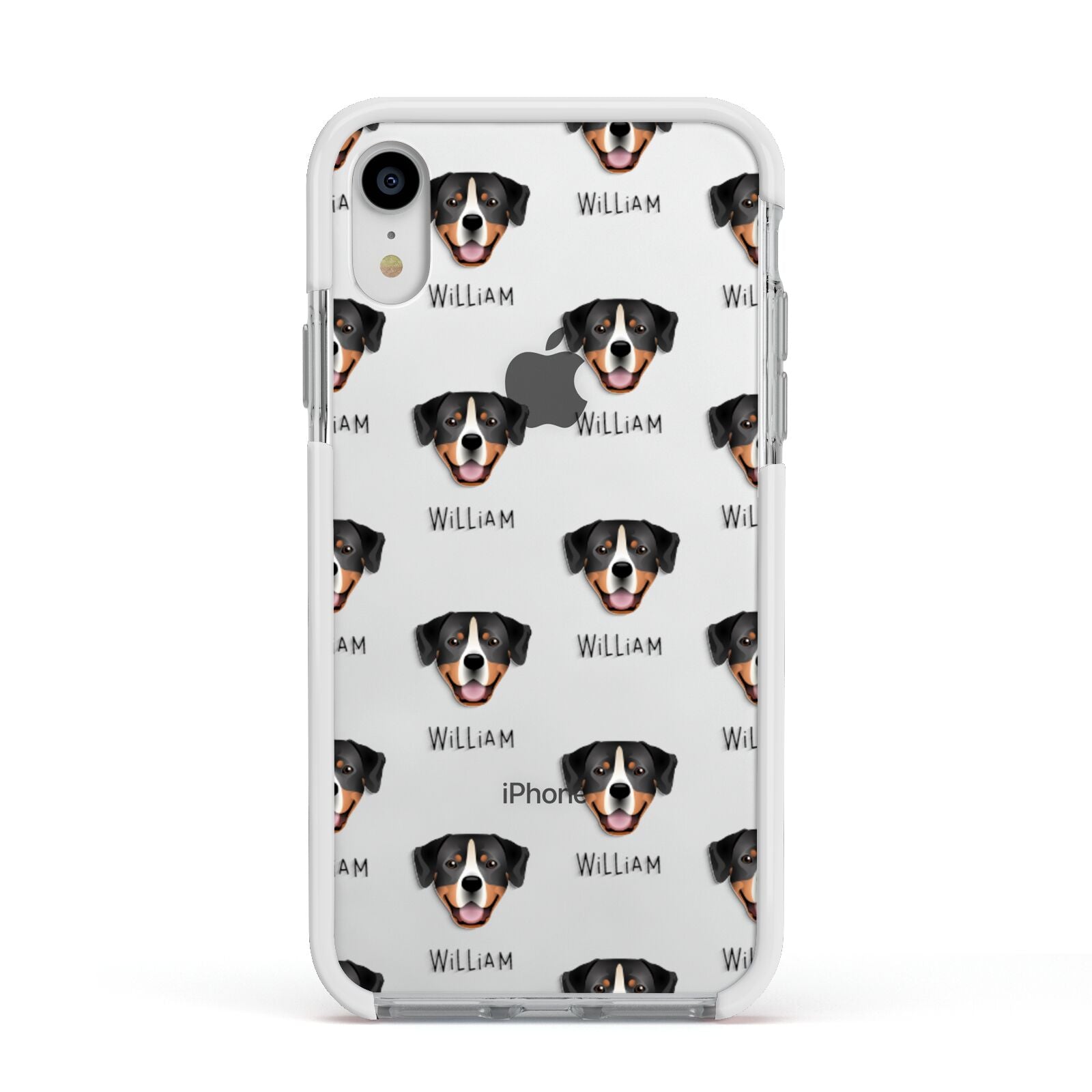 Entlebucher Mountain Dog Icon with Name Apple iPhone XR Impact Case White Edge on Silver Phone