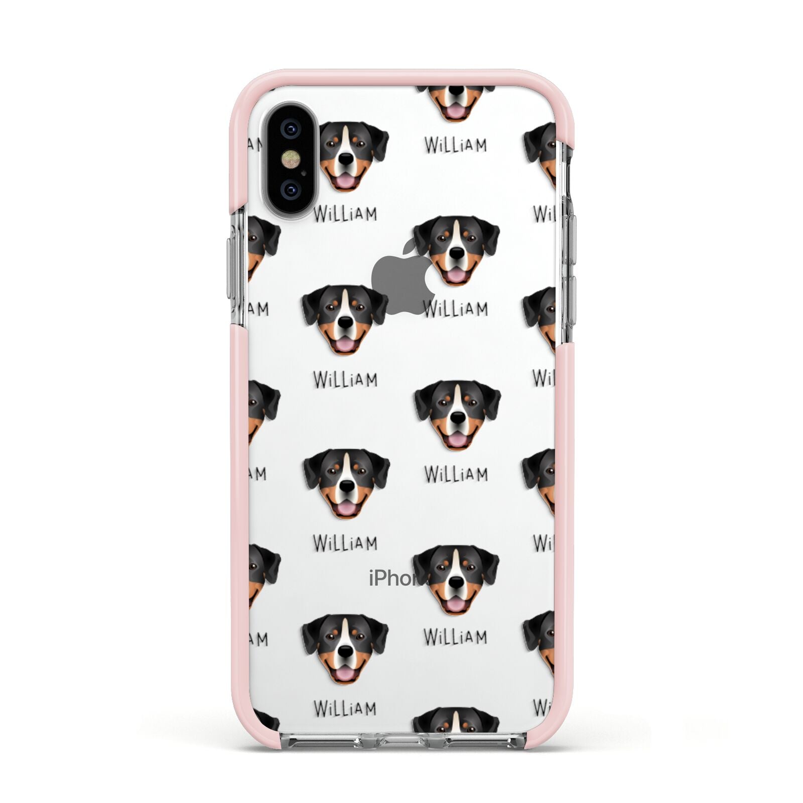 Entlebucher Mountain Dog Icon with Name Apple iPhone Xs Impact Case Pink Edge on Silver Phone