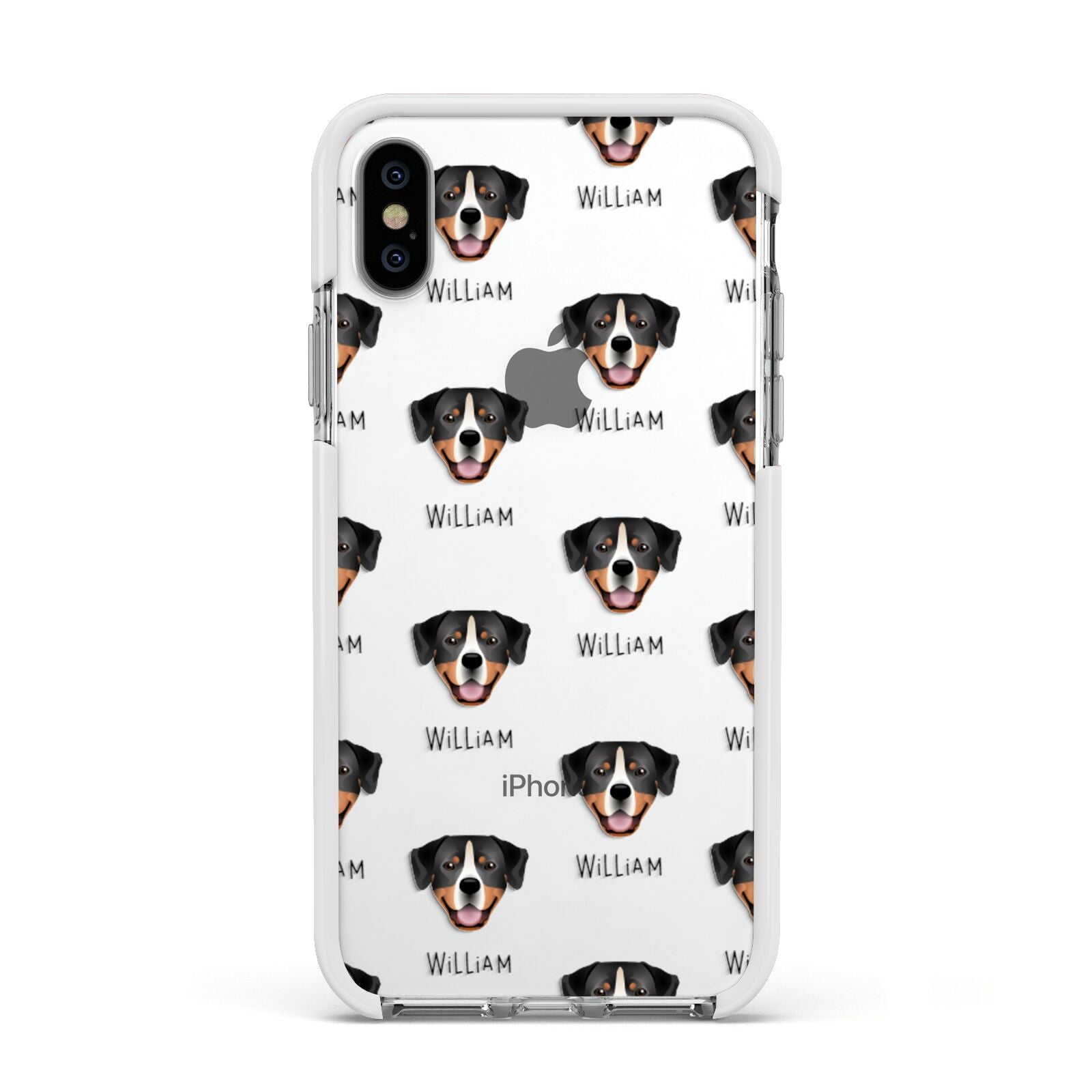 Entlebucher Mountain Dog Icon with Name Apple iPhone Xs Impact Case White Edge on Silver Phone