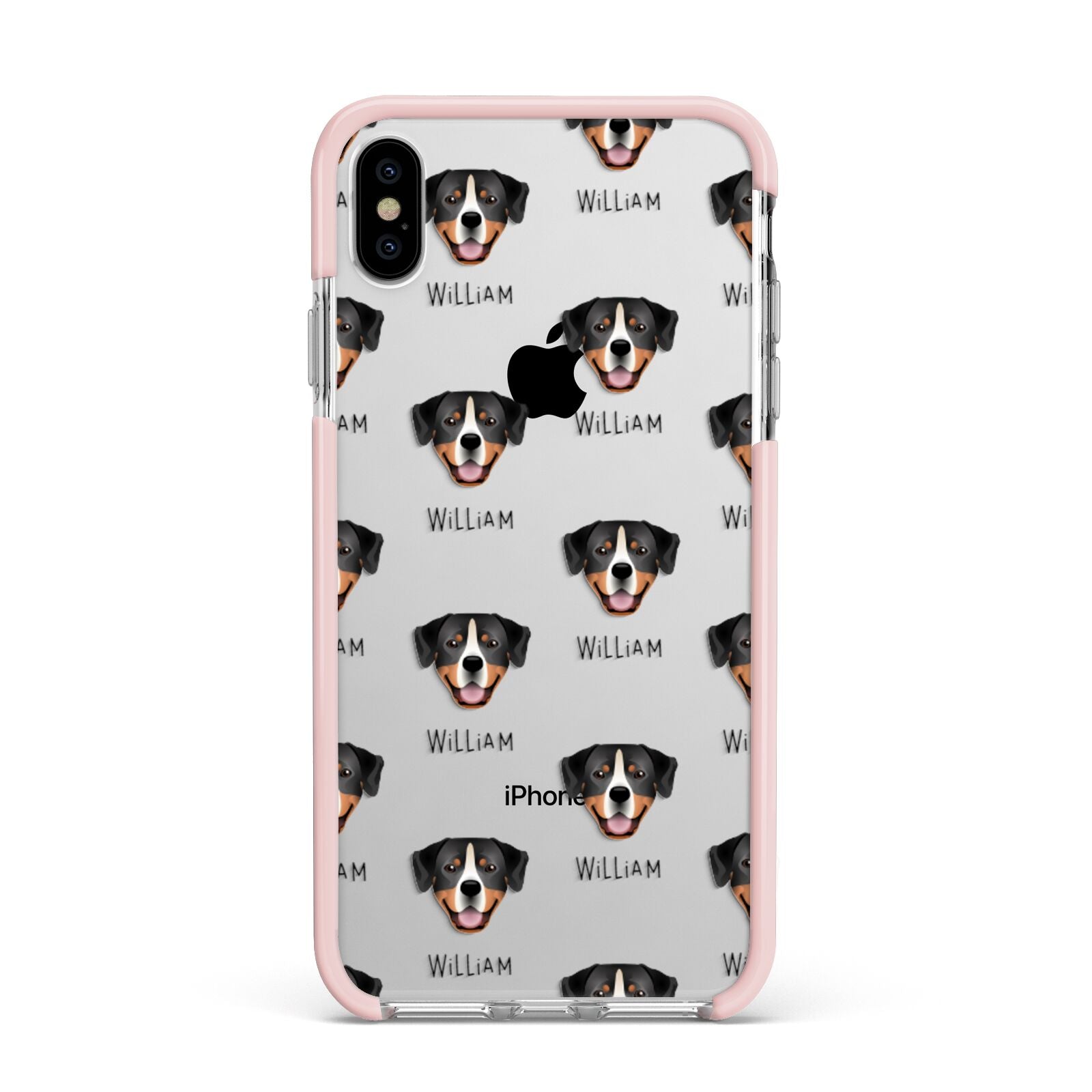 Entlebucher Mountain Dog Icon with Name Apple iPhone Xs Max Impact Case Pink Edge on Silver Phone