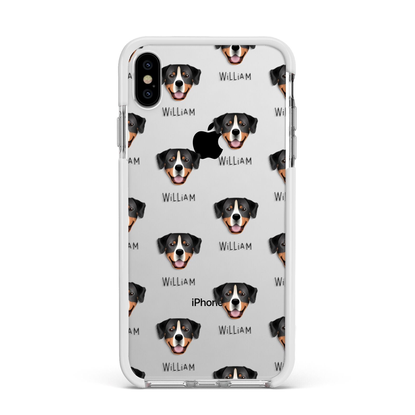 Entlebucher Mountain Dog Icon with Name Apple iPhone Xs Max Impact Case White Edge on Silver Phone